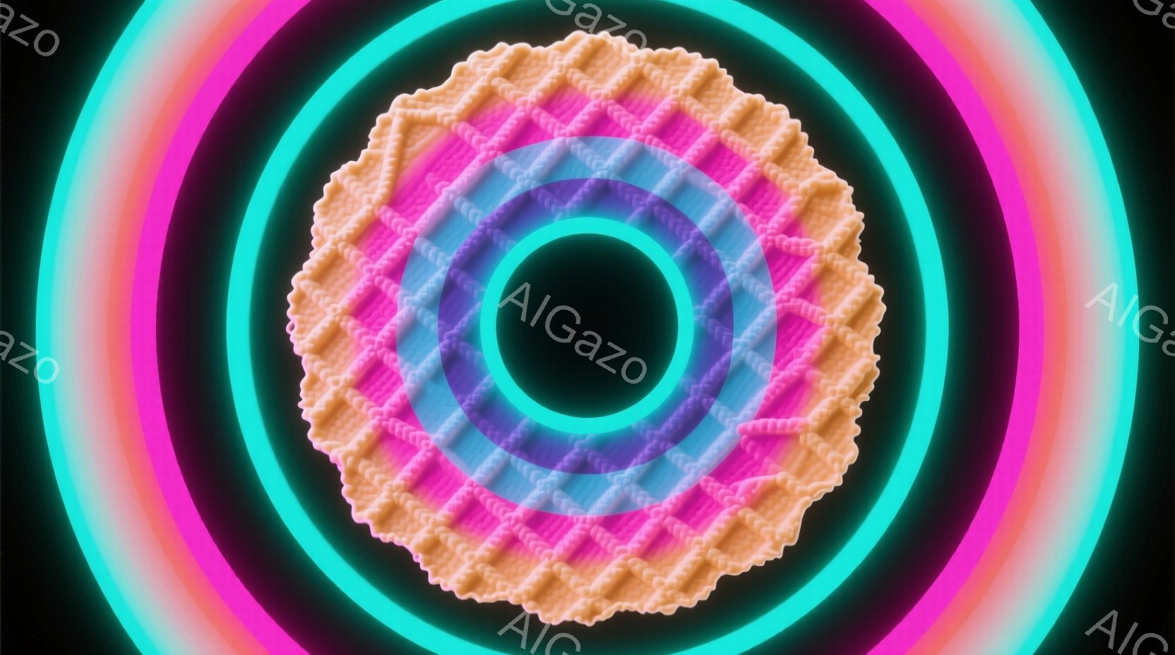 この画像は、黒い中心を持つ、鮮やかなピンク、青、オレンジのネオンカラーの同心円状のリングで構成されています。リングは、テクスチャード加工された、ほぼ編み込まれたようなパターンを示しており、その模様はリングごとにわずかに異なります。全体として、サイケデリックで、未来的な雰囲気があり、光の渦巻きのような印象を与えます。