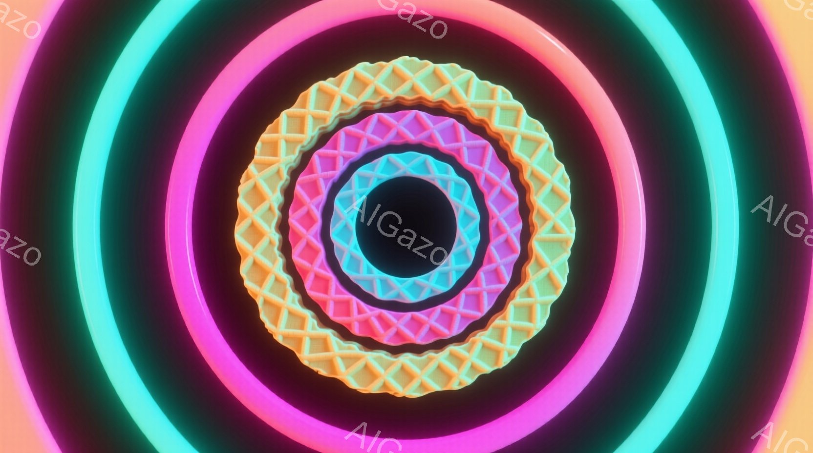 鮮やかなネオンカラーのリングが同心円状に重なり合っており、中心には黒い空間が広がっています。リングはターコイズブルー、ピンク、オレンジ、紫といった色彩で構成され、光沢のある質感と立体的な形状が印象的です。全体的に未来的な雰囲気で、エネルギーと動きを感じさせる視覚的な表現となっています。