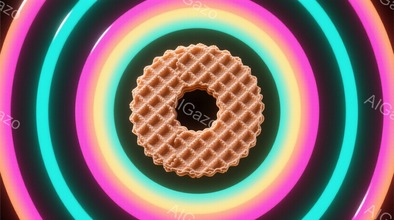 画像は、茶色のワッフル状のドーナツが、ターコイズ、黄色、ピンク、紫色の同心円状の光のリングを背景に配置されています。ドーナツはリアルなテクスチャを持ち、中央には暗い穴が開いています。全体的に、ポップで - AI生成フリー素材