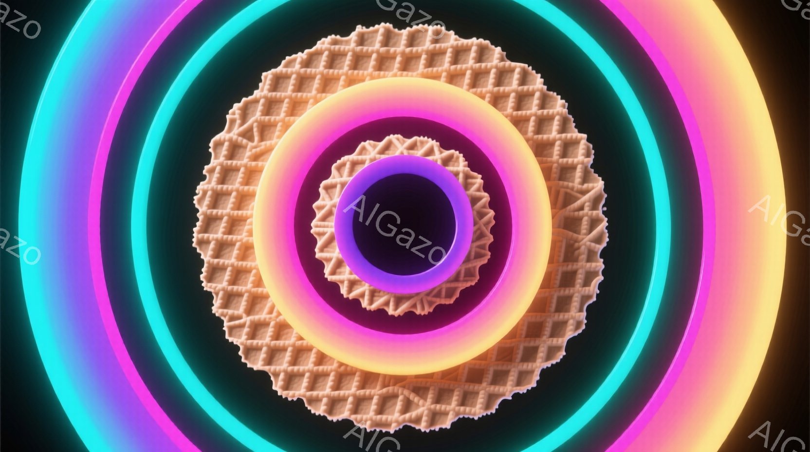 画像は、中心に黒い円があり、その周りをワッフルのようなテクスチャを持つ同心円が囲んでいます。これらの円は鮮やかなネオンカラー（青、緑、ピンク、オレンジ、黄色）で光っており、全体として未来的な光のリング - AI生成フリー素材