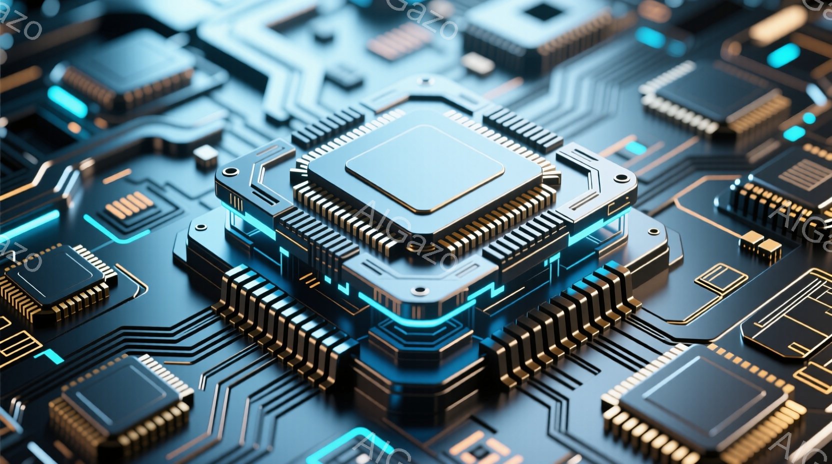 この画像は、金色のアクセントと青色の発光ラインで装飾された、複雑な電子回路基板のクローズアップです。中央には、高性能プロセッサと思われるチップが配置されており、その周囲には様々な電子部品が精密に配置さ - AI生成フリー素材