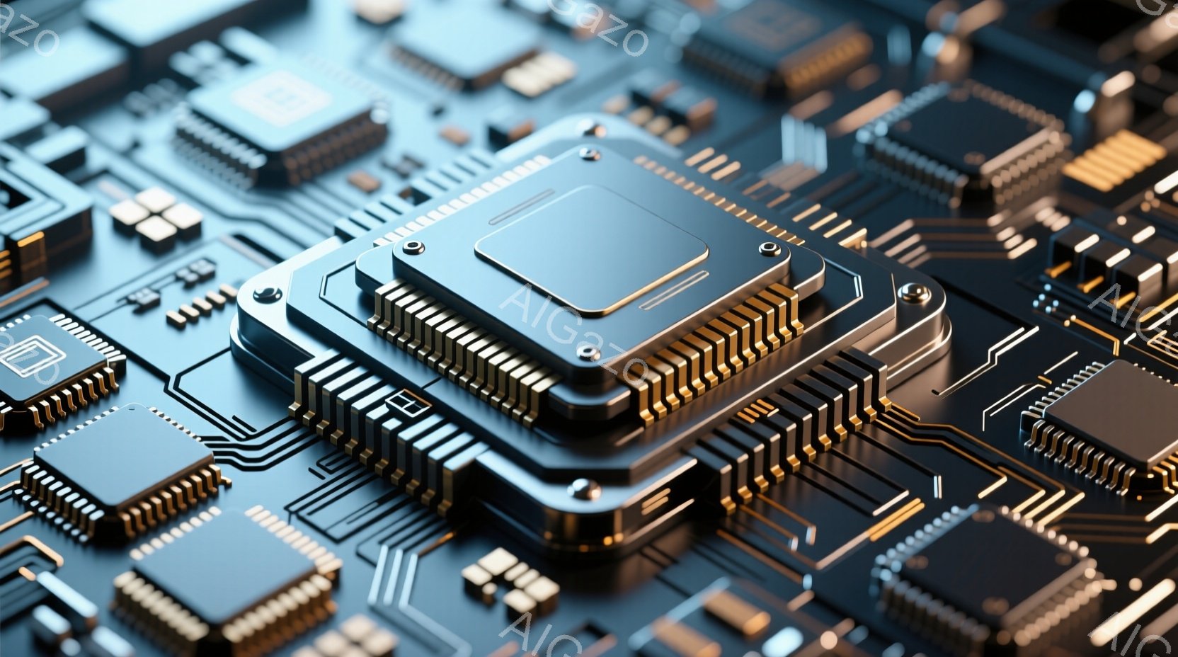 この画像は、金色の配線とチップが密集した電子回路基板をクローズアップしたものです。中央には、特に大きく複雑なプロセッサチップが配置され、周囲の小型チップや配線とのコントラストが際立っています。全体的に - AI生成フリー素材