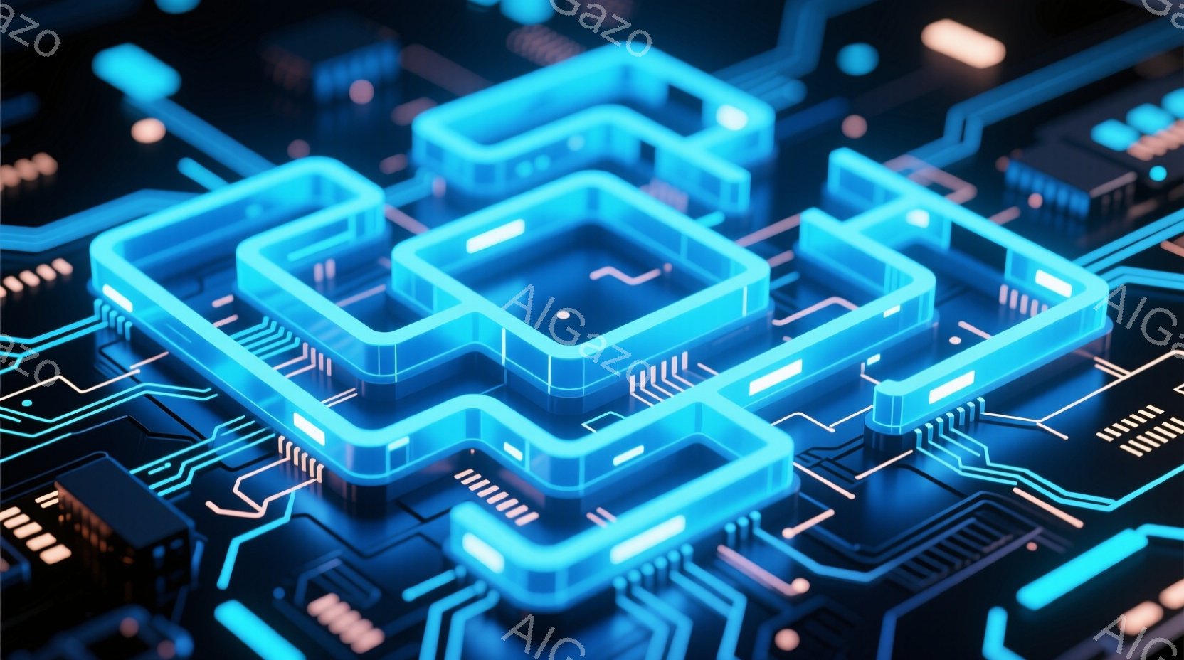 この画像は、青色の発光する回路基板のような構造が複雑に絡み合った様子を捉えています。幾何学的な形状の線が、まるで未来的な都市の地図のように配置され、鮮やかな光がテクノロジーの進化を想起させます。全体と - AI生成フリー素材