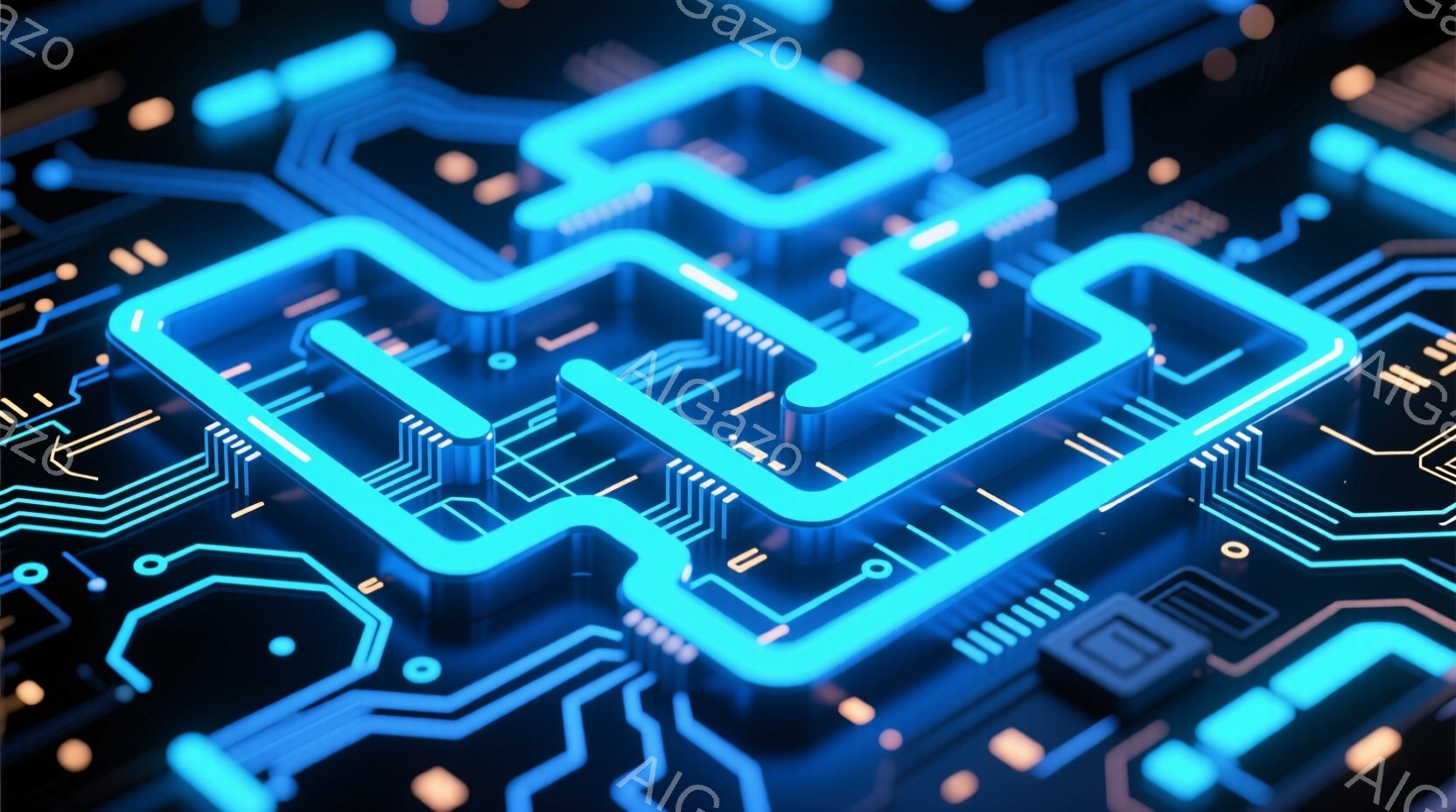 この画像は、鮮やかなネオンブルーの回路が複雑に絡み合った様子を捉えたクローズアップです。回路は光沢のある黒い背景上に浮かび上がり、未来的なテクノロジーやデジタルネットワークを連想させます。全体的に、洗練された、高解像度な、現代的な雰囲気が漂っています。