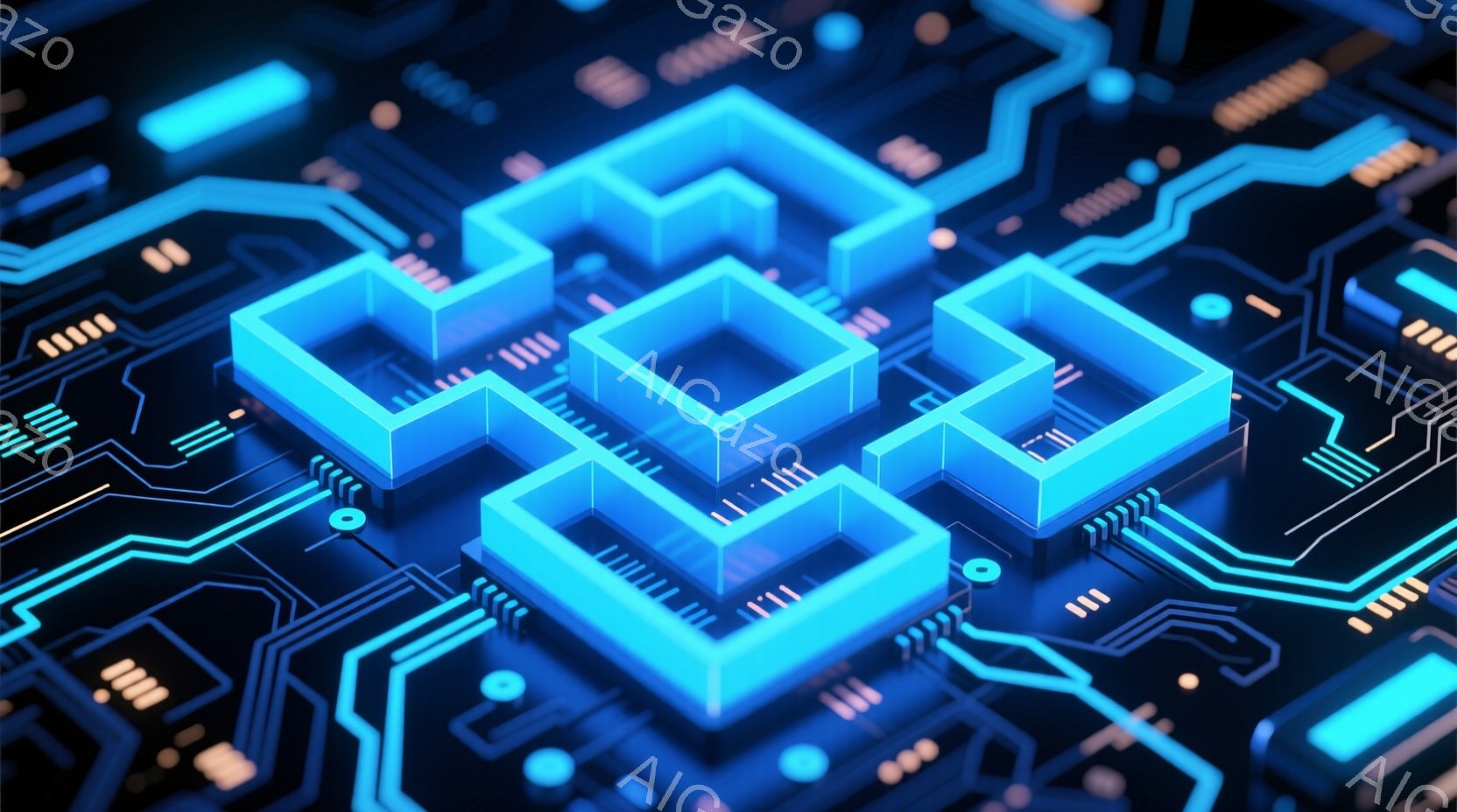 この画像は、明るい青色の回路基板を表現しており、複雑な線と小さな円形のポイントが組み合わさって、技術的な背景を作り出しています。鮮やかなネオンブルーの四角いフレームが、基板上に配置され、未来的なデザインを強調しています。全体的に、科学技術、デジタルネットワーク、または高度なテクノロジーの概念を連想させる、クールで洗練された雰囲気です。