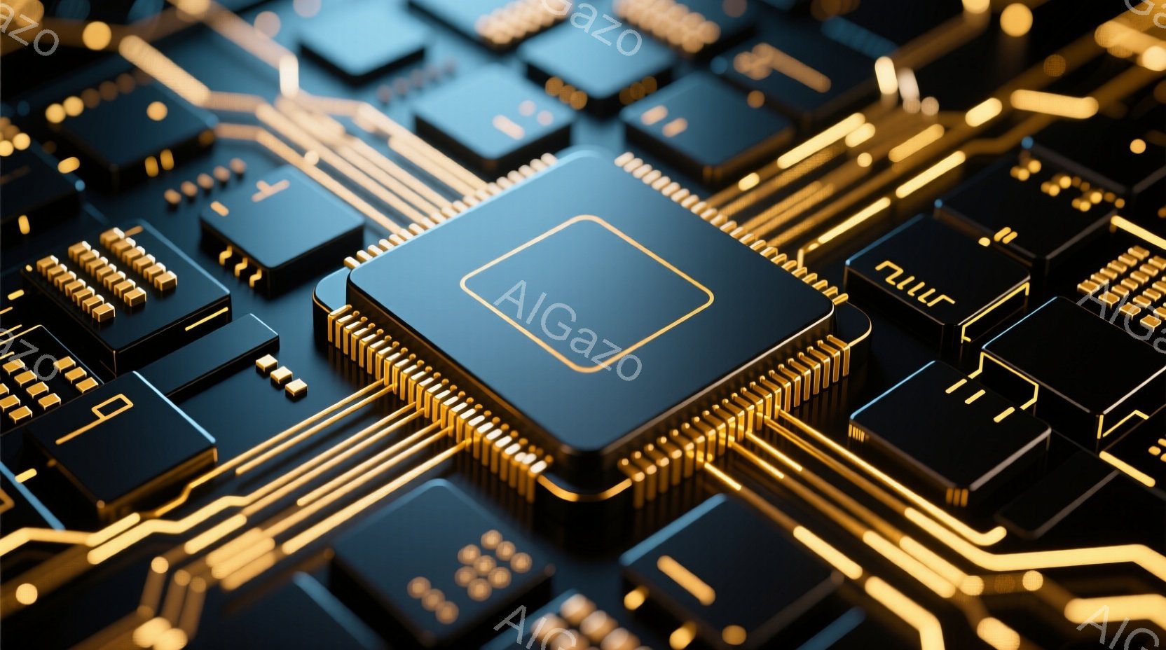 黒い基板上に金色の配線と電子部品が密集しており、中央には大きなプロセッサチップが配置されている。チップは四角形で、表面は光沢があり、複雑な内部構造を暗示している。全体として、未来的な技術や高度な電子機器を連想させる、洗練された印象を与える画像である。