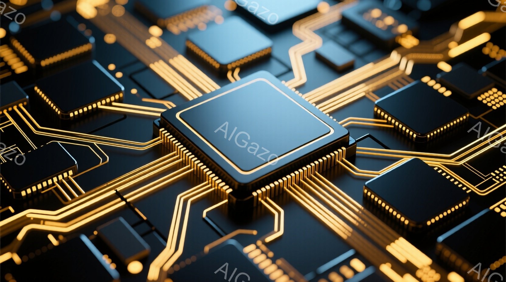 この画像は、黒い背景に金色の回路が広がる電子回路基板をクローズアップしたものです。多くの小さなチップが金色の線で接続されており、中央にはより大きなチップが配置されています。全体的に未来的な雰囲気があり、テクノロジーの進歩を象徴しているようです。