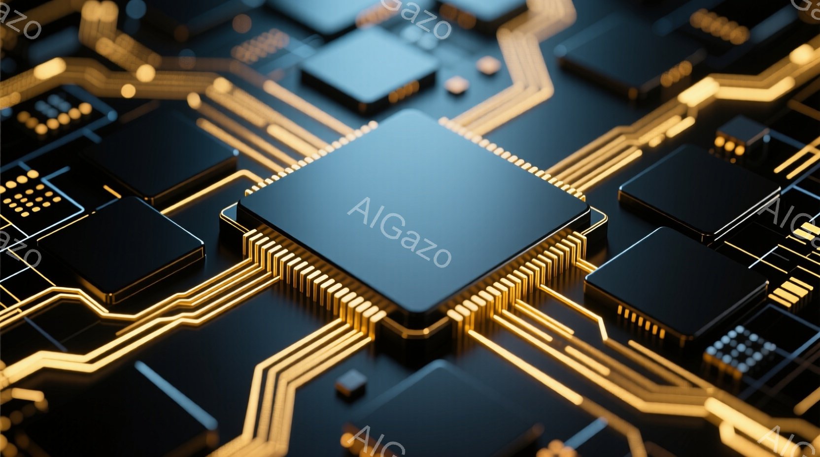鮮やかな金色の配線が黒い基板上に複雑に配置され、中央には大型のプロセッサが配置されている。プロセッサは滑らかな質感で、多数のピンが配線に接続されている様子が強調されている。全体的に近未来的でテクノロジーを感じさせる、洗練された印象を与える画像である。
