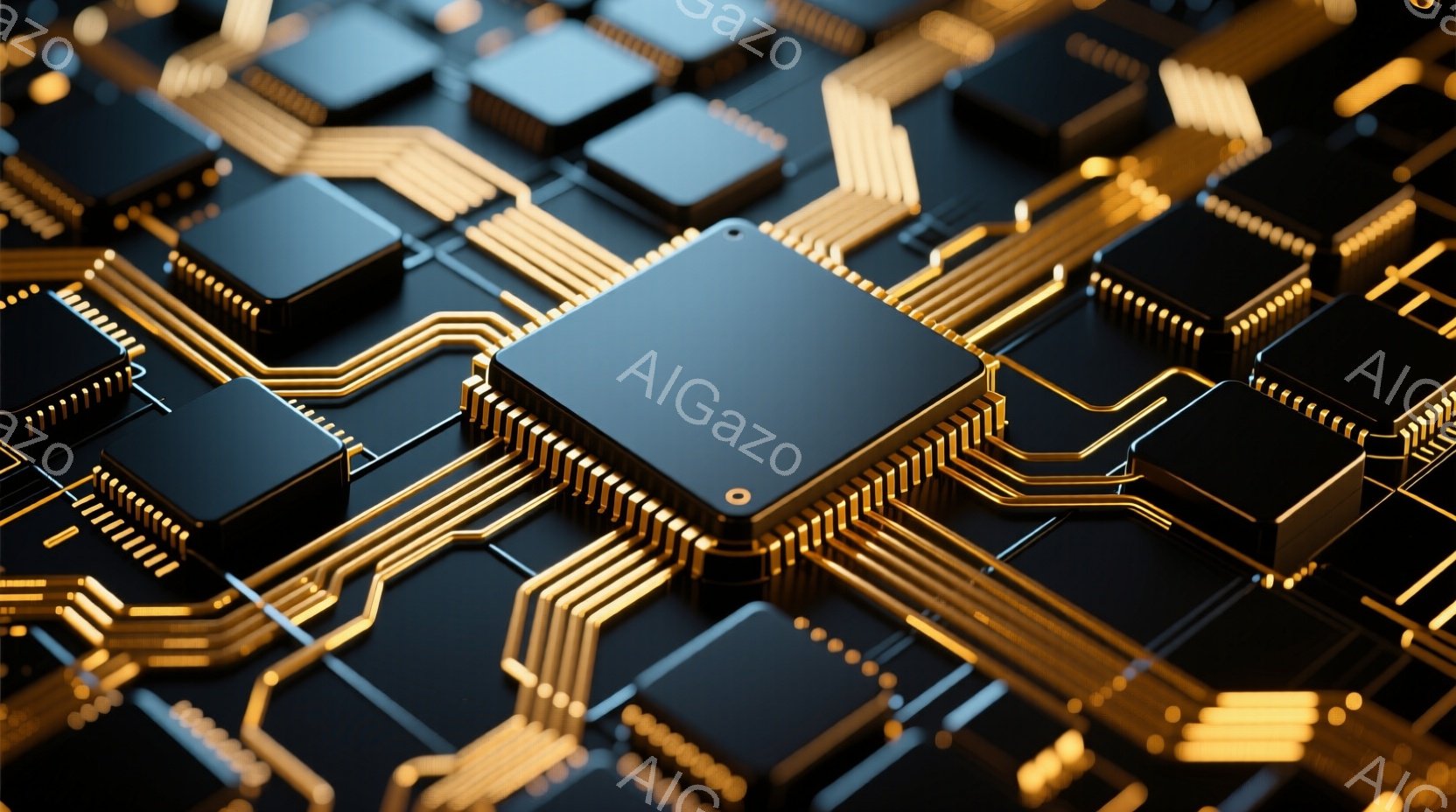 鮮やかな黄金色の回路が黒い基板上に密集し、まるで未来都市の風景のようです。各回路は精密な彫刻が施された黒いチップで接続されており、高度な技術と洗練されたデザインが印象的です。全体的に、先進技術と未来的な雰囲気を醸し出す、スタイリッシュでモダンなイメージです。