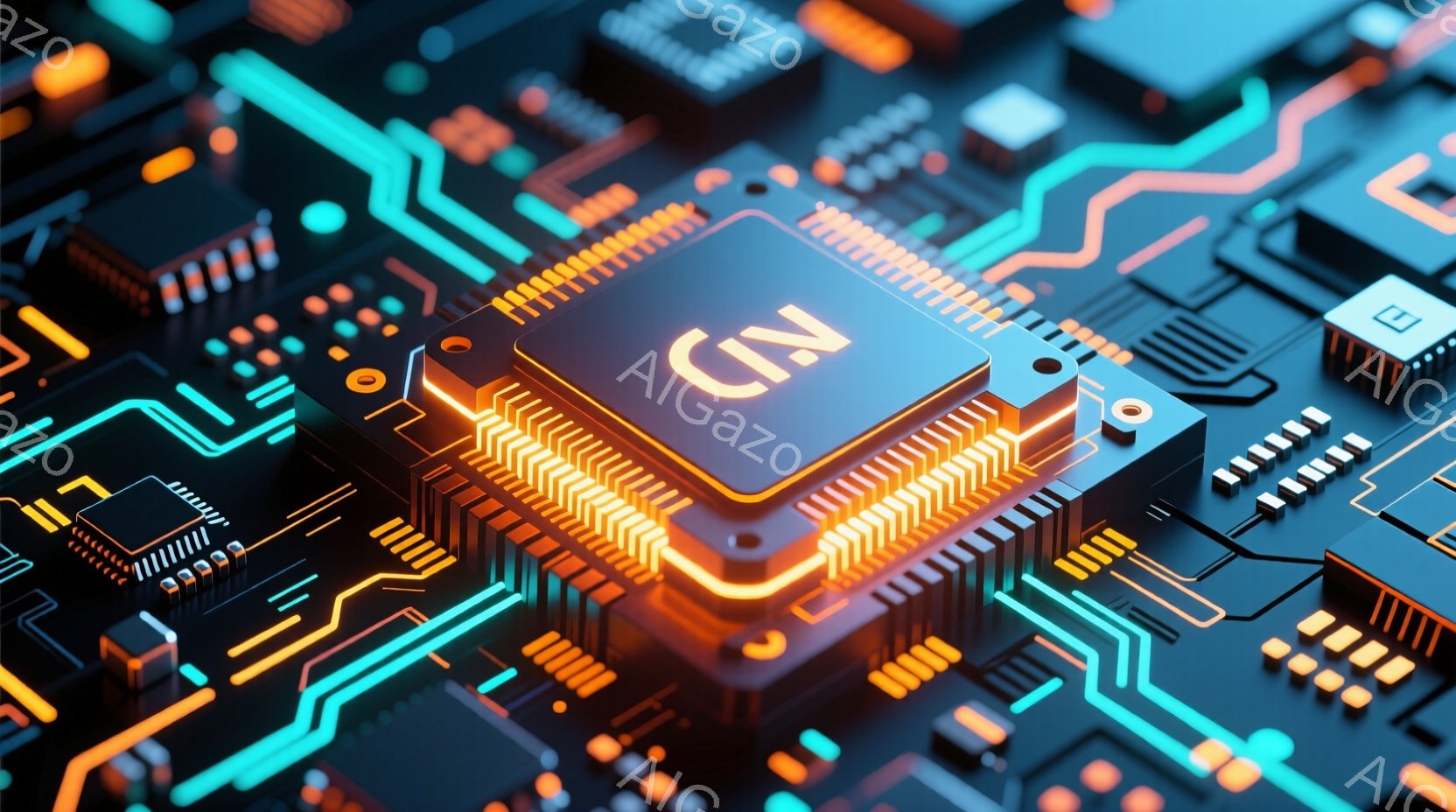 この画像は、複雑な回路基板をクローズアップしたものです。鮮やかな青、オレンジ、金色のラインが緻密に組み合わされ、未来的な印象を与えます。中央には、金色の縁取りと輝くロゴが施されたチップが配置されており - AI生成フリー素材