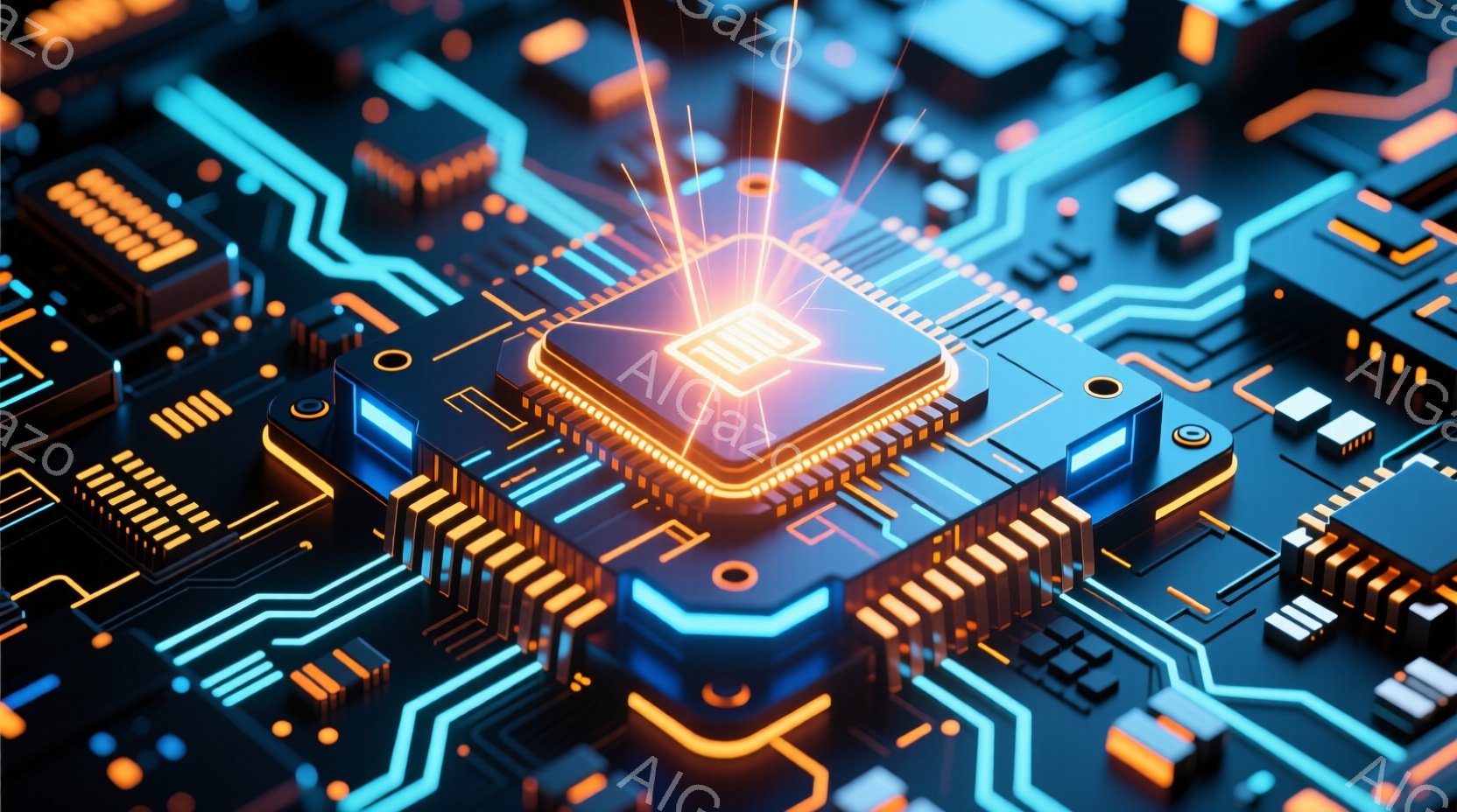 この画像は、鮮やかな青とオレンジ色の回路基板のクローズアップです。中央には光を放つ金色のマイクロチップがあり、その周りには複雑な電子部品が配置されています。全体的に、未来的でテクノロジーを感じさせる雰 - AI生成フリー素材