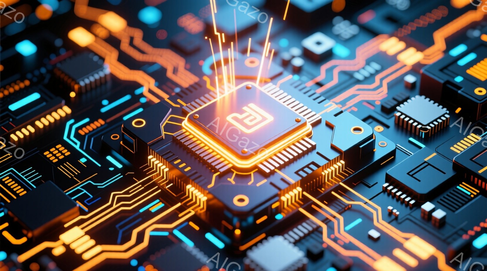 この画像は、複雑な電子回路基板をクローズアップしたもので、金色のラインが鮮やかに輝き、青色の電子部品が配置されています。中央には、発光しているようなCPUが配置され、その周りに細かな配線が網の目のように広がっています。全体的に未来的な雰囲気で、ハイテク技術を象徴するような印象を与えます。