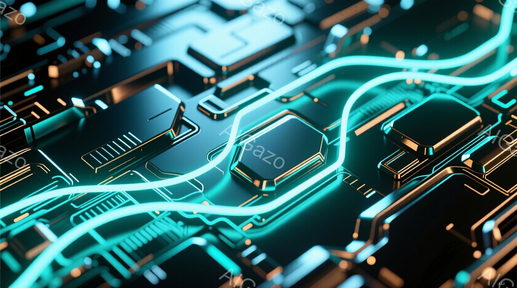 この画像は、複雑な電子回路のクローズアップであり、明るいターコイズブルーの線が黒色の基板上を網の目のように走り、金色のチップが散りばめられています。光沢のある表面と鮮やかな色彩が未来的な印象を与え、内 - AI生成フリー素材