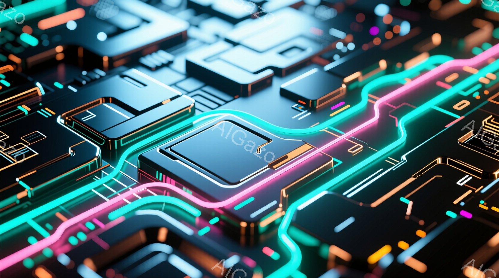 この画像は、鮮やかなネオンカラーの電子回路基板をクローズアップで捉えたものです。ターコイズブルー、ホットピンク、オレンジ色の光が、黒い基板上を複雑に走り、未来的なテクノロジーの雰囲気を醸し出しています。光の反射と陰影が、立体感と奥行きを与え、回路の複雑さを強調しています。