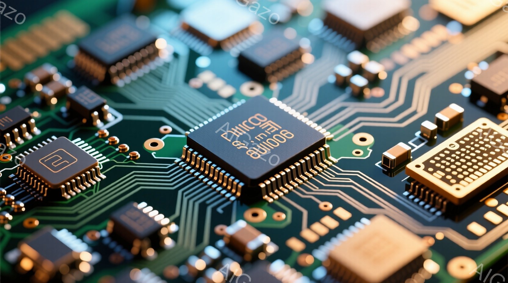 この画像は、緑色の回路基板をクローズアップしたものです。様々な電子部品、特にチップや抵抗などが密集しており、金色のピンや配線が複雑に絡み合っています。精密な電子機器内部の様子が伺え、技術的な精密さと複 - AI生成フリー素材