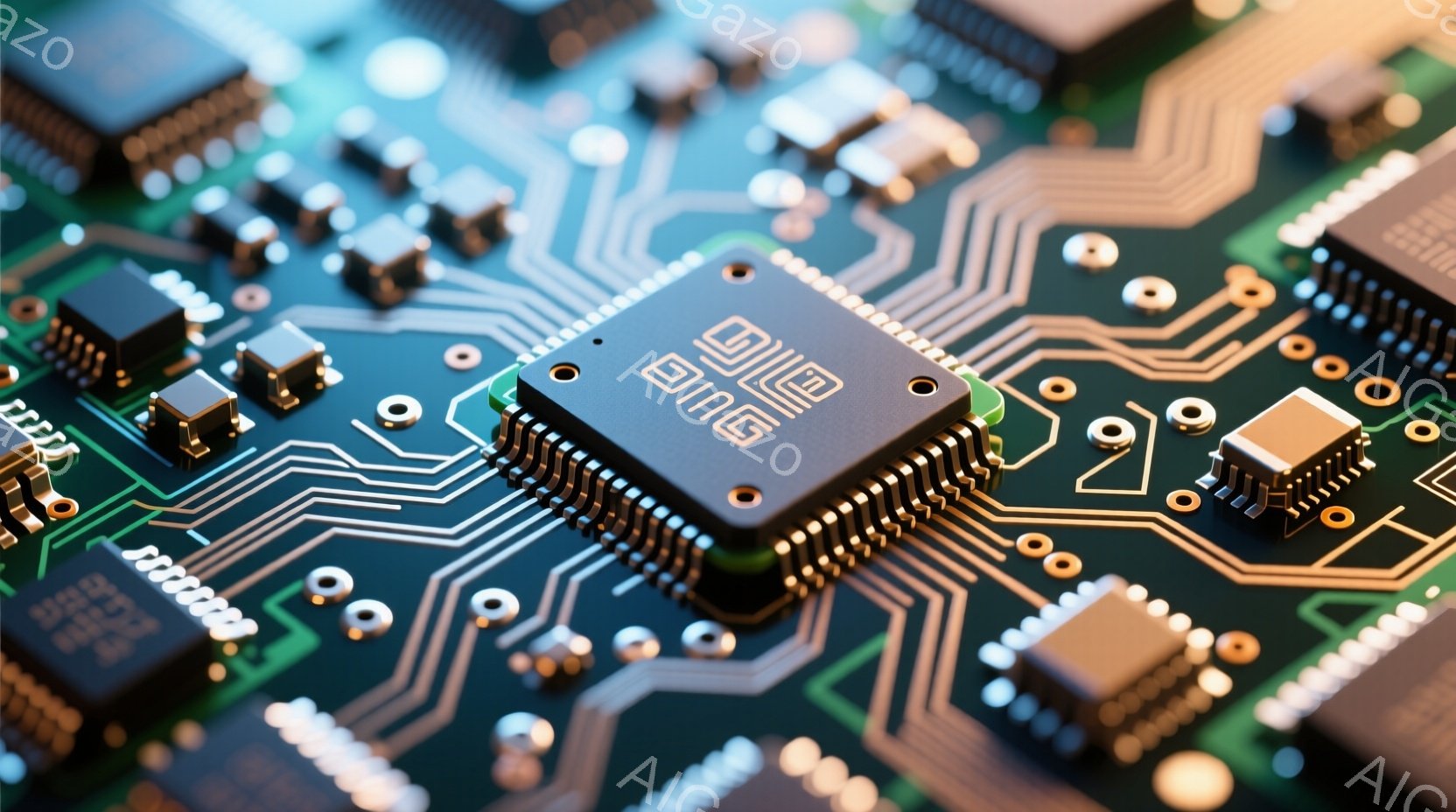 この画像は、緑色のプリント基板をクローズアップしたもので、様々な電子部品が密集しています。中央には「Bing」と刻印された黒色の大きなICチップが配置されており、周囲には小型の抵抗やコンデンサなどの部品が配置されています。基板上の金色の配線が複雑なネットワークを形成し、高度な技術を表現しています。