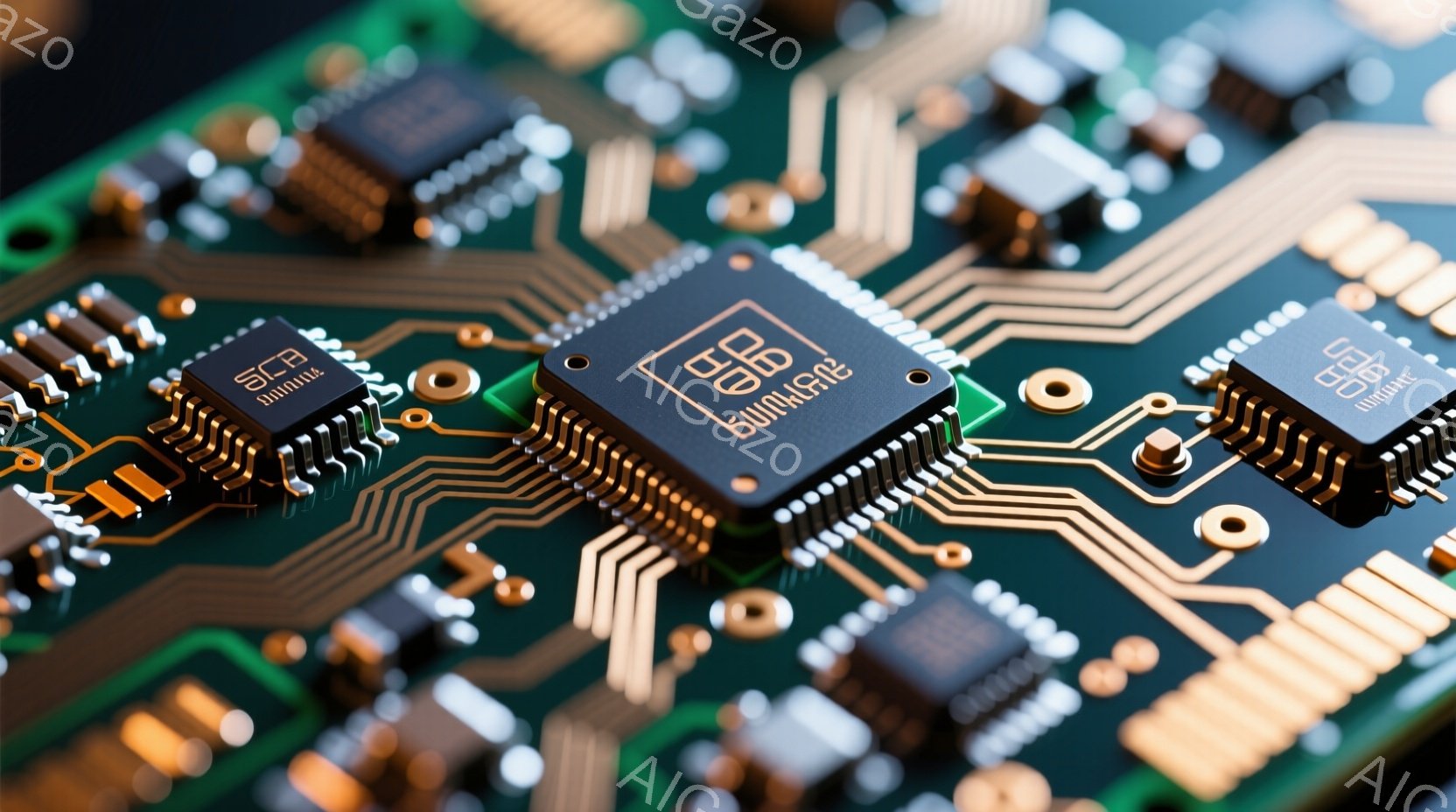 この画像は、緑色の回路基板をクローズアップしたもので、多数の電子部品が密集しています。中央には、黒色のチップが配置され、その周りに金色のピンが並んでいます。基板上の複雑な回路は、精密な電子機器の内部構 - AI生成フリー素材