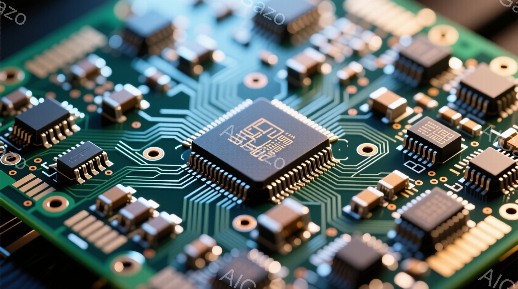 この画像は、緑色のプリント基板のクローズアップであり、様々な電子部品が密集して配置されています。黒い大きなICチップが中央に位置し、周囲には小さな抵抗やコンデンサなどの部品が規則的に並んでいます。基板上の金色の配線パターンが複雑な回路網を形成しており、精密な電子機器内部の構造を表現しています。