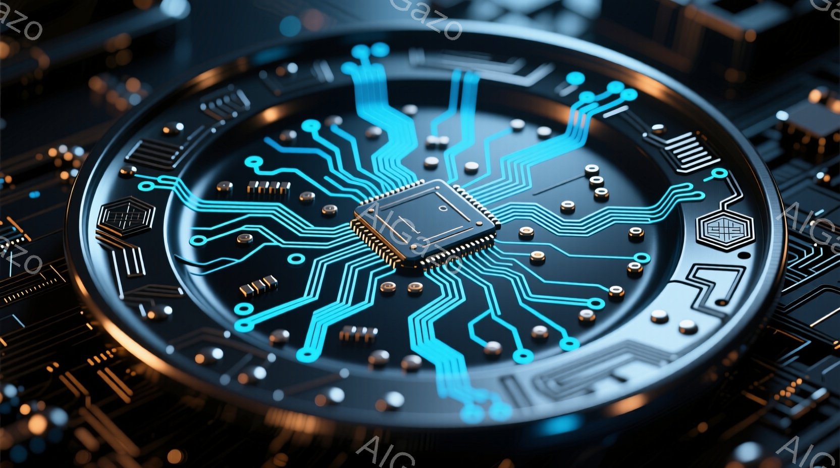 画像は、複雑な電子回路が刻まれた円形の基板をクローズアップで捉えています。鮮やかな青色の回路パターンが金属的な基板上を網の目のように走り、中央には小さな黒いチップが配置されています。背景はぼやけており - AI生成フリー素材