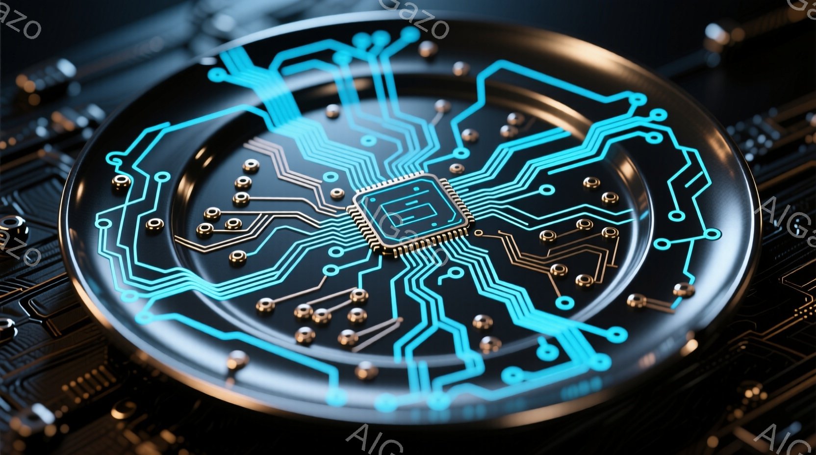 鮮やかなターコイズブルーの配線が複雑に組み合わさった回路基板が、黒い背景に浮かび上がっています。基板の中心には銀色のチップが配置されており、全体的に未来的なテクノロジーを象徴するような印象を与えます。 - AI生成フリー素材