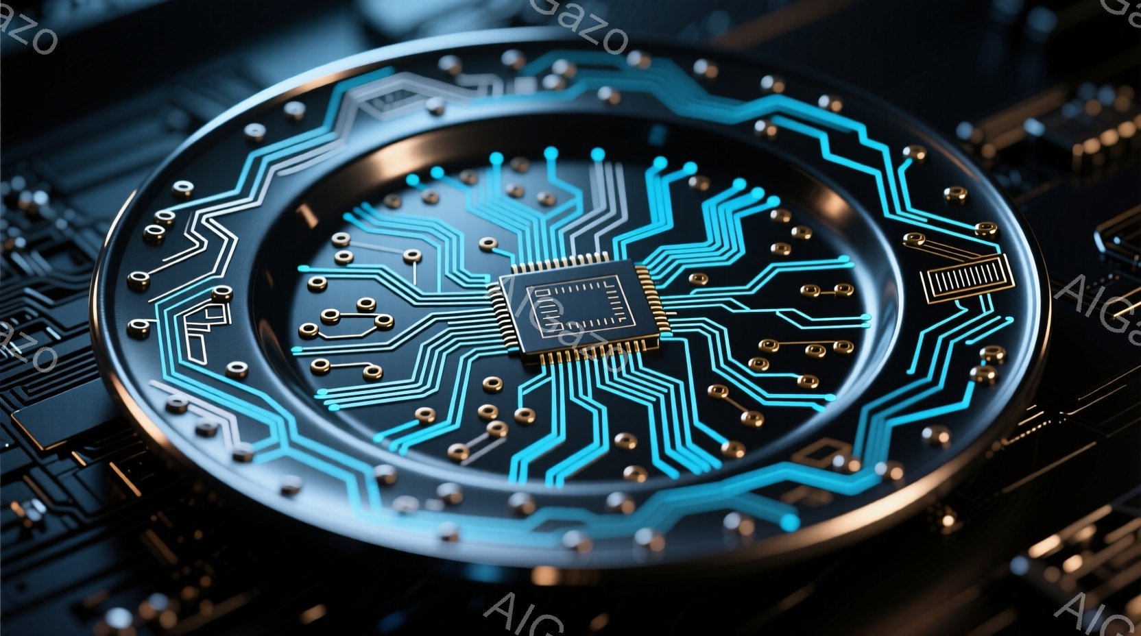 鮮やかな青色の回路が描かれた、黒い円盤が焦点に当たっています。円盤の中央には、小さな銀色のチップが配置されており、回路と接続されています。背景は暗く、回路の光がそれを際立たせており、テクノロジーと未来的な雰囲気を醸し出しています。