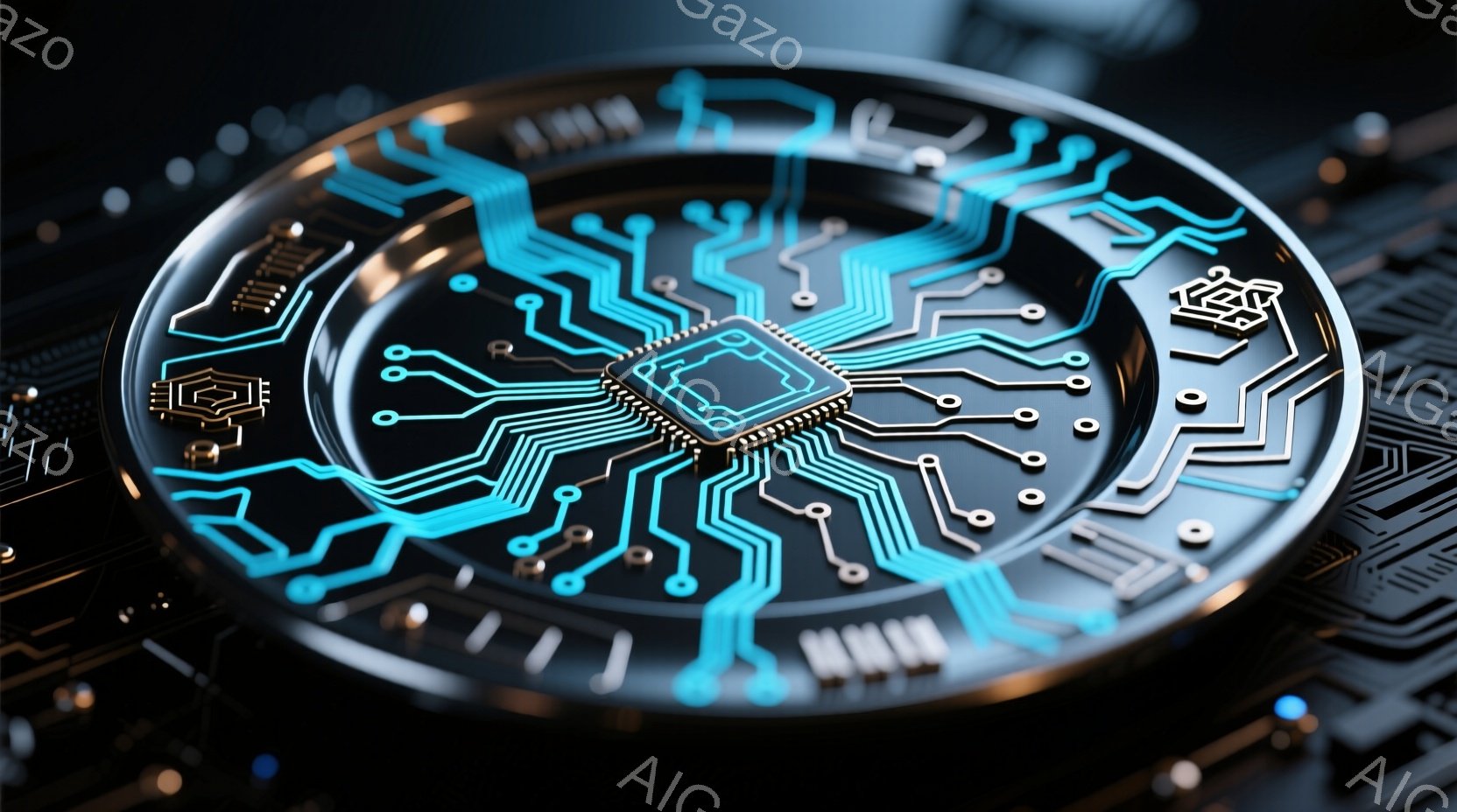 円形の基板が画像の中央に配置されており、青色の光る回路パターンが複雑に描かれています。基板の表面には、小さな四角いチップが搭載されており、最先端のテクノロジーを感じさせます。背景は黒色の電子回路が密集しており、未来的な雰囲気と、基板が重要な役割を担っていることを暗示しています。
