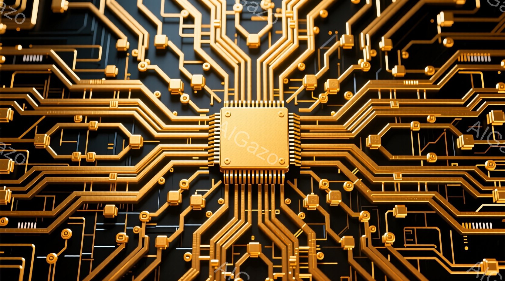 鮮やかな金色の回路が黒い背景に複雑に広がり、中心には小さな金色のチップが配置されている。回路は精密な幾何学模様で構成され、まるで電子機器の内部構造を強調しているかのようだ。全体的に、未来的で洗練された - AI生成フリー素材
