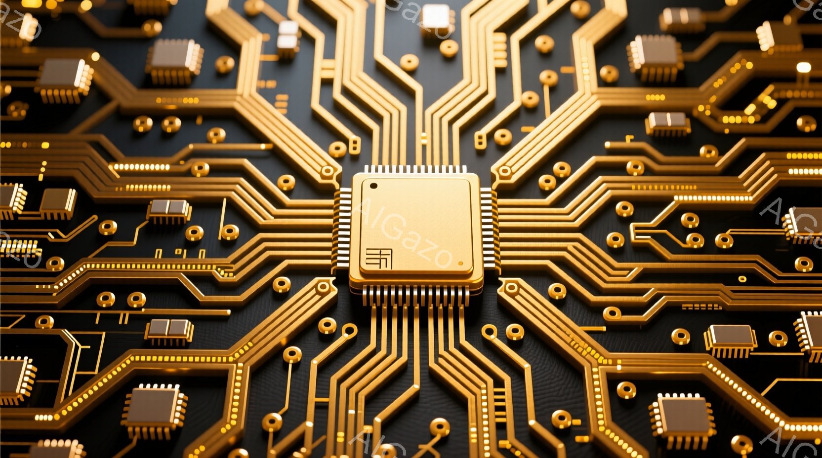 この画像は、黒い背景に金色の回路基板が広がるクローズアップ写真です。中央には大きなICチップが配置され、その周囲に様々な電子部品が規則的に配置されています。全体的に精密で未来的な印象を与え、技術的な洗 - AI生成フリー素材
