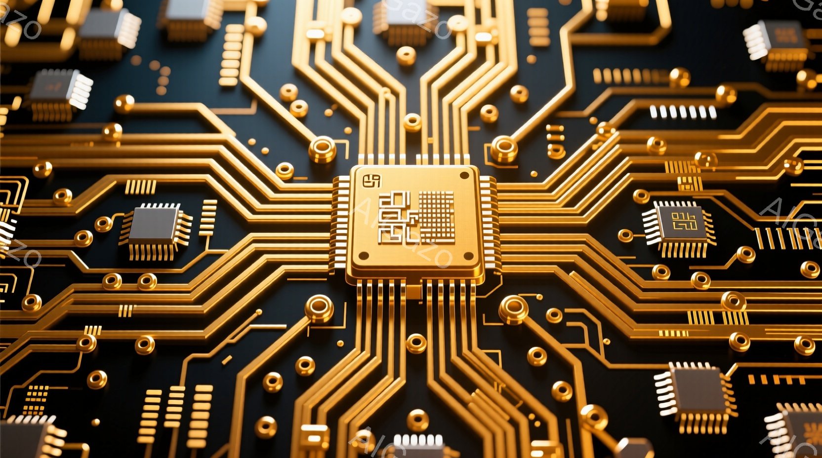 黒色の基板上に金色の配線と集積回路が複雑に配置された画像です。精密な電子回路のパターンが、高度な技術と未来的な印象を与えます。回路は均一に配置されており、全体的に洗練された印象を与えます。