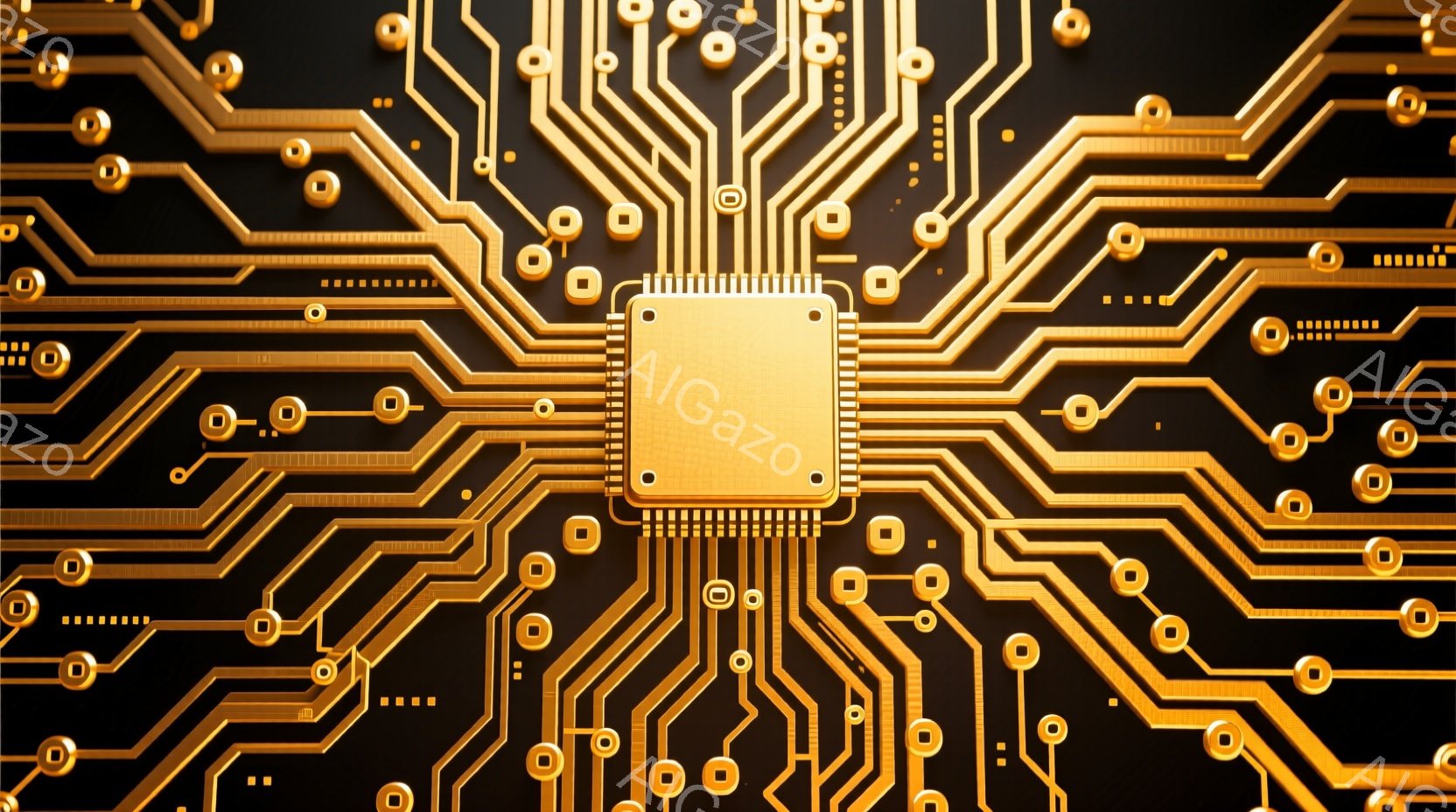 黒背景に金色の回路が複雑に描かれた画像です。中央には金色の四角いチップが配置され、そこから放射状に細い線が広がっています。全体的にテクノロジーと未来的な雰囲気が漂い、精密さと洗練されたデザインが印象的 - AI生成フリー素材