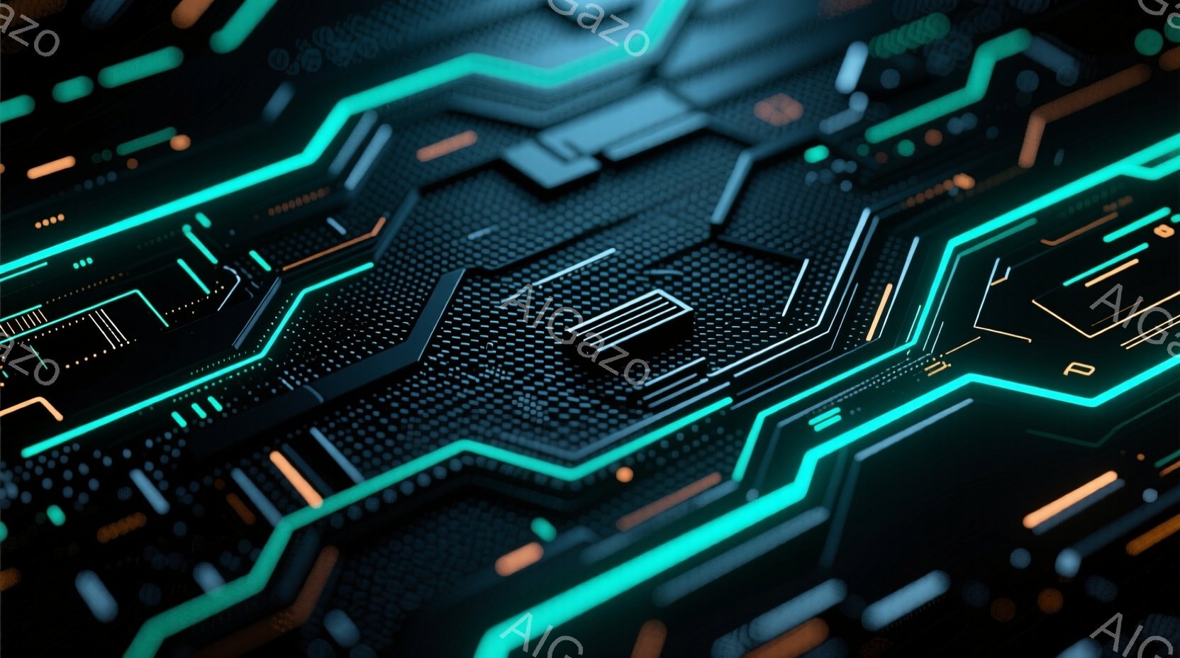 この画像は、未来的な回路基板をクローズアップしたものです。ネオンブルーとオレンジ色の光が複雑なパターンを描き、暗い背景に鮮やかなコントラストを生み出しています。 細かいドットや線が織りなすテクスチャは - AI生成フリー素材