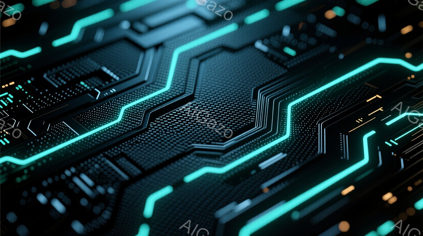 この画像は、複雑な回路基板をクローズアップしたもので、鮮やかなターコイズブルーの線が暗い背景の上を走っている。無数の小さな点が背景を埋め尽くし、まるでデジタル世界を表現しているかのようだ。全体的に近未 - AI生成フリー素材