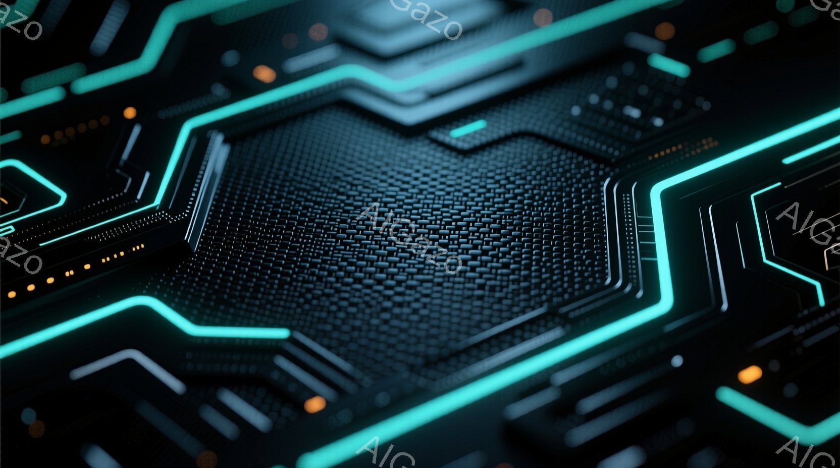 鮮やかなターコイズブルーの光が、暗い背景に複雑な回路パターンを描き出している。無数の小さなドットが密集し、まるでデジタルな基盤のようなテクスチャを形成している。未来的なテクノロジーやサイバー空間を想起させる、クールで抽象的なイメージである。