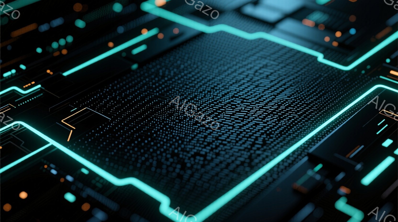 この画像は、暗い背景に青緑色の光る回路パターンが描かれたクローズアップです。細かいドットと線が複雑に組み合わさり、未来的な電子基板やデジタルネットワークを連想させます。全体的にクールでテクノロジー感溢 - AI生成フリー素材