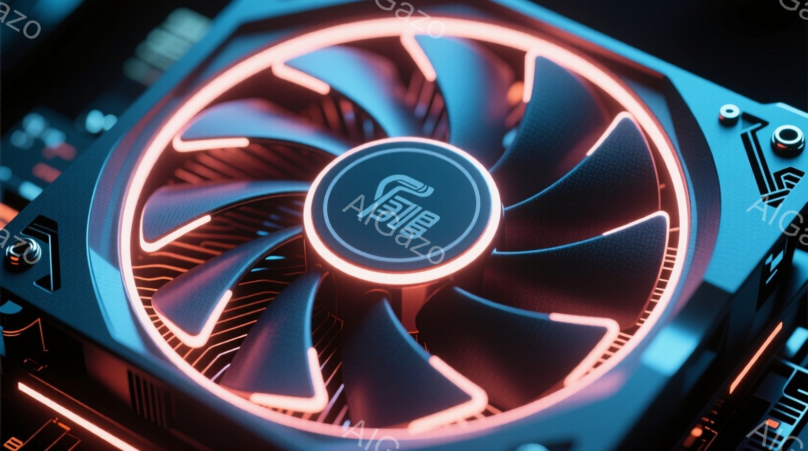 画像は高性能なグラフィックボードのクローズアップで、特徴的なオレンジ色のバックライトが点灯したファンが目立っています。黒色の筐体には細かいディテールが施され、モダンで未来的、そして力強い印象を与えます。背景はぼやけており、製品に焦点が当てられています。