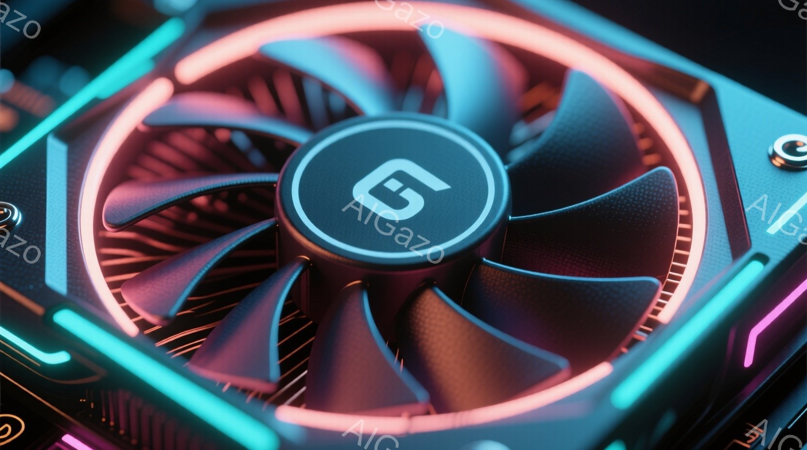 画像は高性能なグラフィックカードの冷却ファンの一部を捉えており、黒色のファンブレードが円形に配置されている。ファンの中央にはロゴが刻印された円形のハブがあり、鮮やかなネオンブルーとピンク色の光がファン全体を縁取っている。背景は暗く、技術的な精密さを強調し、未来的な雰囲気を醸し出している。