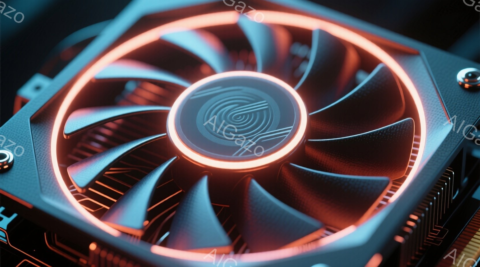 画像は高性能なコンピューター冷却ファンのクローズアップです。黒色のフィンが円形に配置され、中央にはオレンジ色の光るリングと複雑なデザインのハブがあります。背景には、回路基板の一部が見え、全体的に近未来的な技術的な雰囲気を醸し出しています。