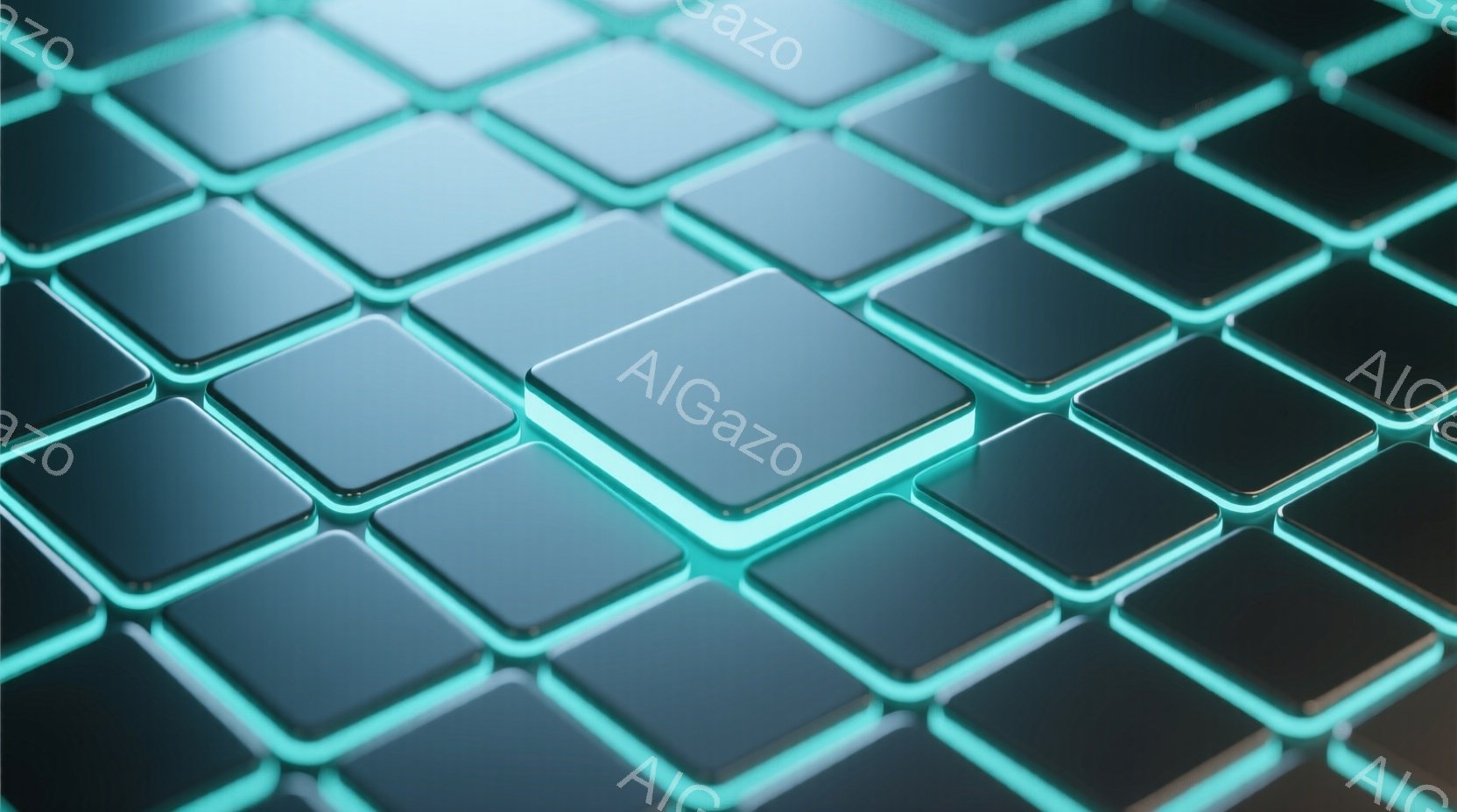 この画像は、互いに接する多くの四角形が規則的に並んだ、現代的な抽象表現です。各四角形は光沢のある暗い青色を呈し、明るいターコイズブルーの縁取りが施されており、立体感と未来的な印象を与えます。全体として、均一な配置と鮮やかな色彩により、幾何学的な美しさとデジタルな雰囲気が強調されています。