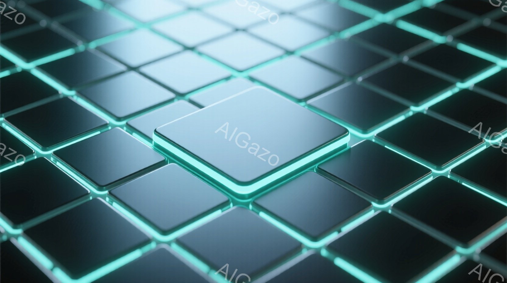 この画像は、発光するネオンブルーの線で縁取られた、多数の正方形のタイルが敷き詰められた様子を捉えています。タイルの表面は滑らかで光沢があり、反射が確認できます。全体的に、未来的な、テクノロジーを感じさ - AI生成フリー素材