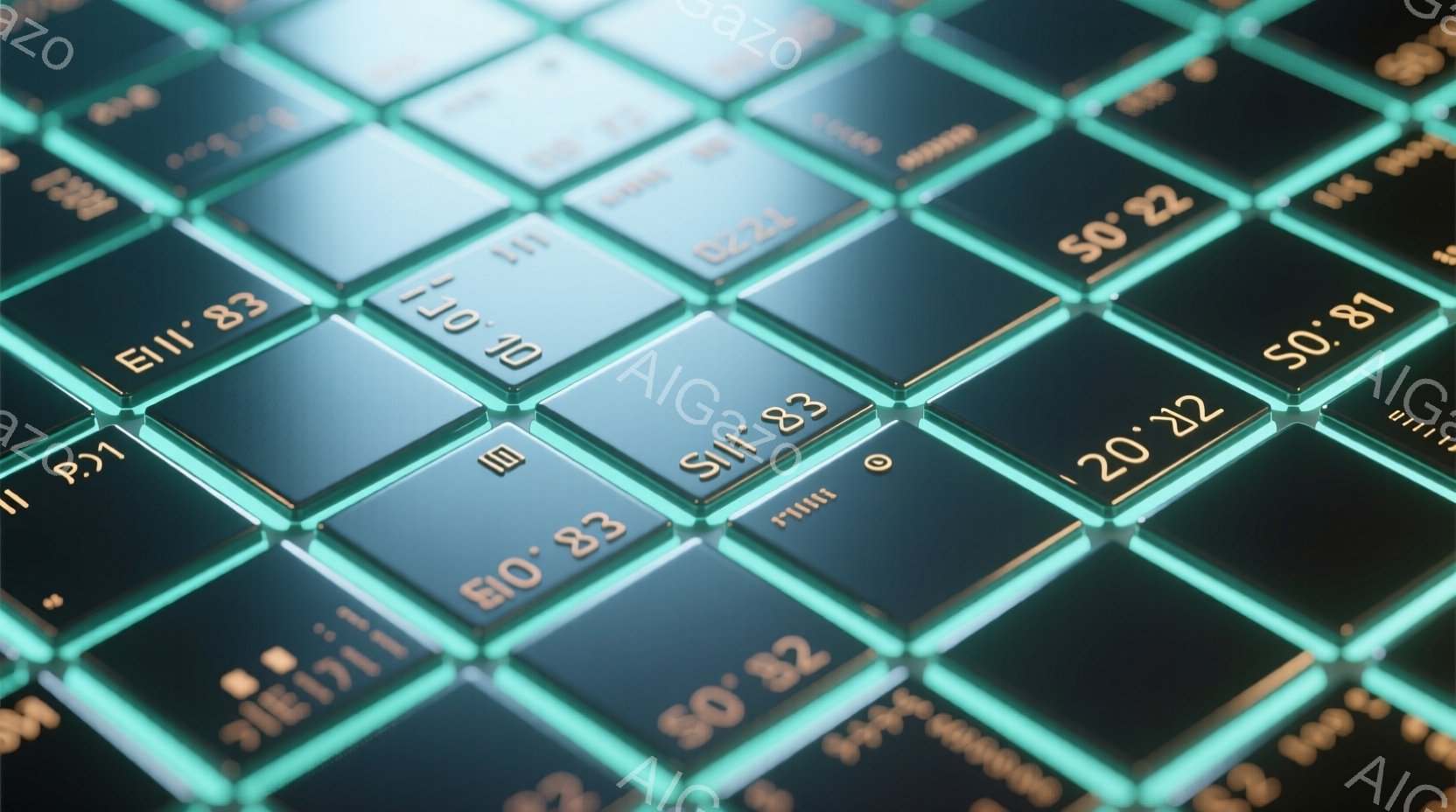 この画像は、光沢のある暗い緑色のタイルが幾何学的に配置された、近未来的なテクスチャのクローズアップです。各タイルには、白く光る数字と文字の組み合わせが表示され、技術的な印象を与えます。全体的に、洗練さ - AI生成フリー素材