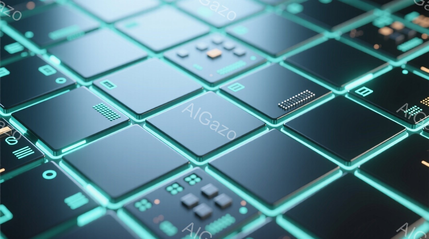 この画像は、青緑色の光沢のある電子基板が規則的に並んだ、未来的な抽象的な背景です。各基板には、小さな電子部品が配置されており、精密さとテクノロジーを感じさせます。鮮やかなネオンカラーと影のコントラスト - AI生成フリー素材