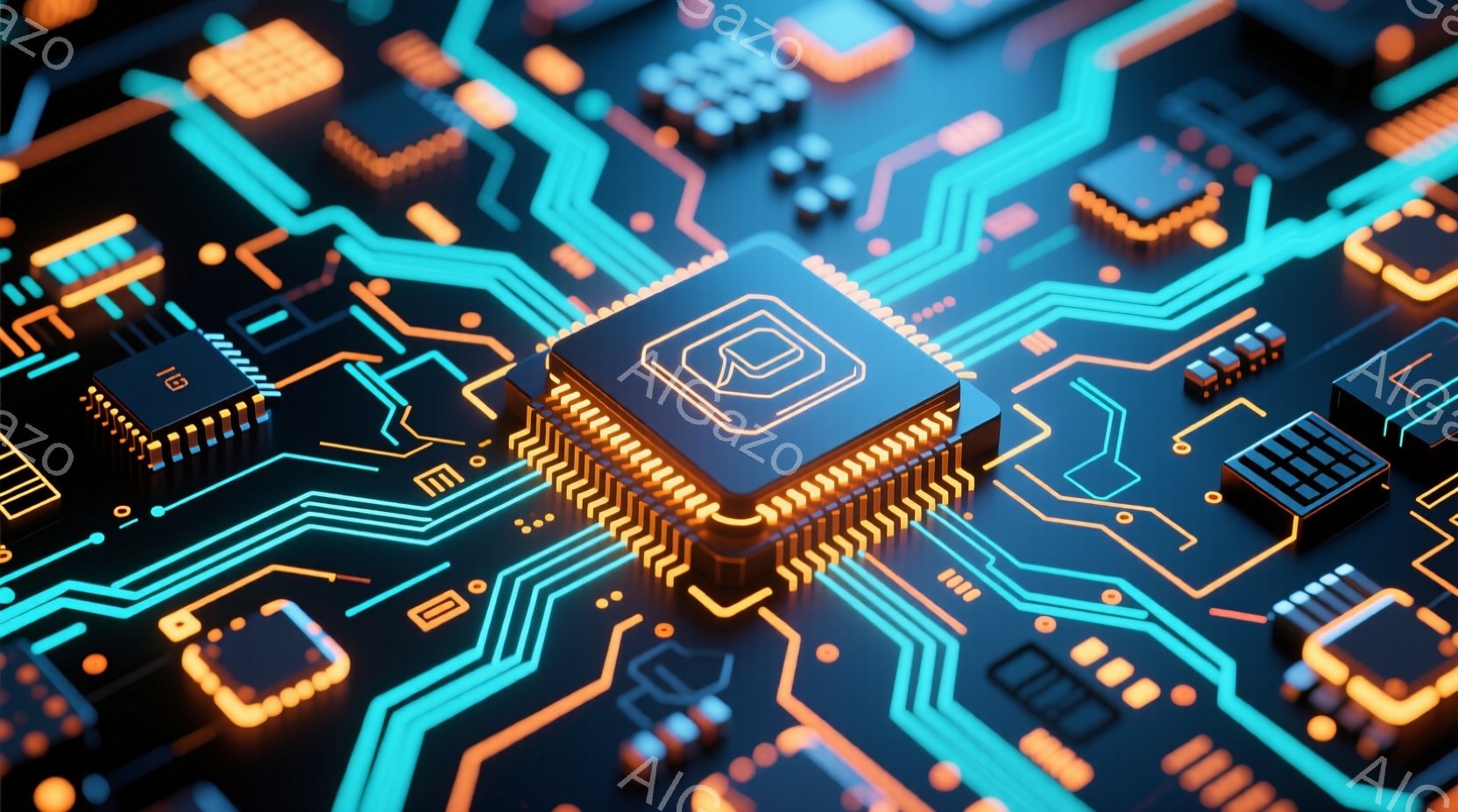 この画像は、鮮やかな青とオレンジの電子回路基板をクローズアップしたものです。中央には、複雑な配線とチップが密集し、未来的なテクノロジーを想起させます。回路は高度なコンピューター処理やデータ伝送を象徴しており、全体的に洗練された印象を与えます。