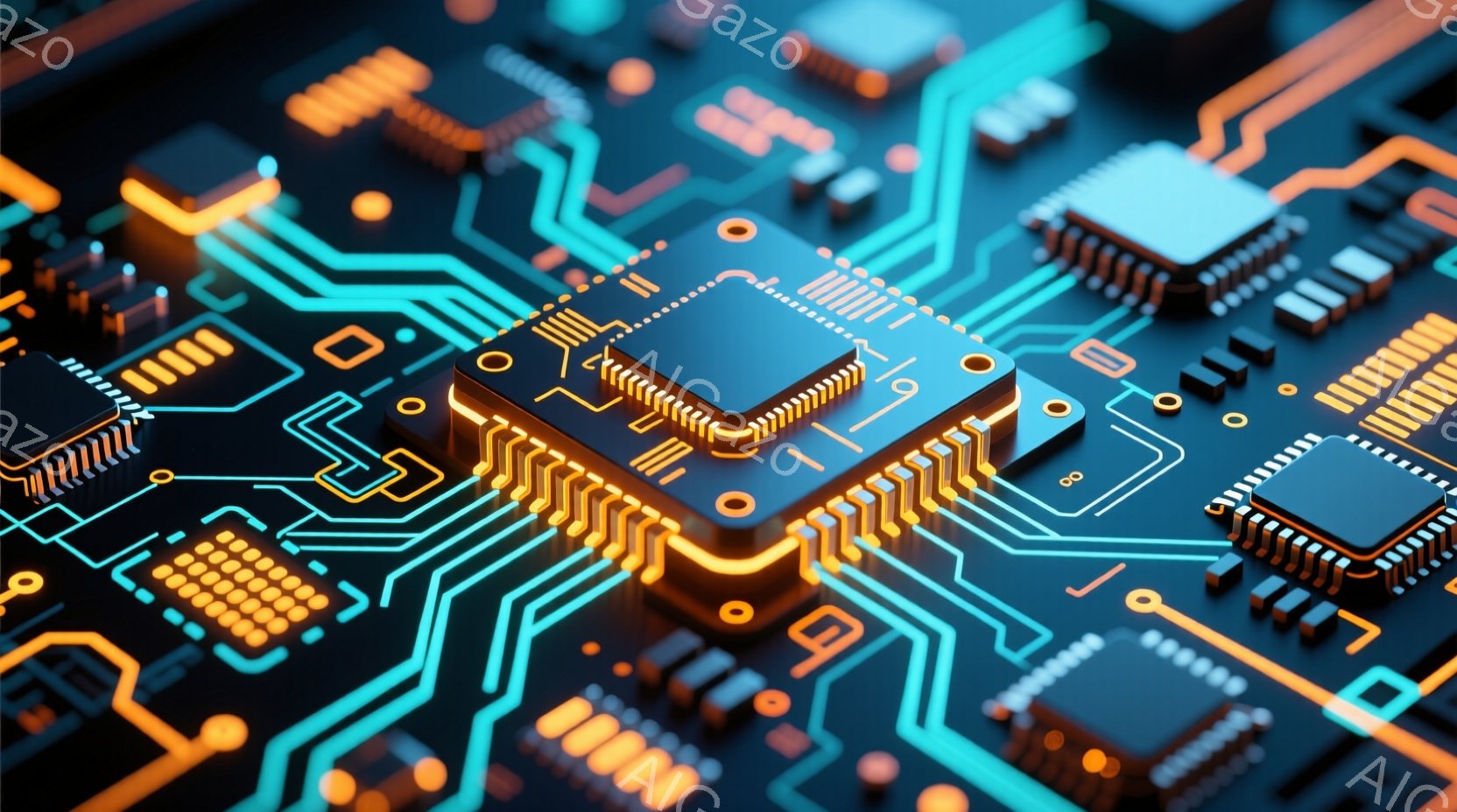 この画像は、鮮やかなターコイズブルーとオレンジ色の回路基板をクローズアップしたものです。様々な電子部品が複雑に配置され、まるで未来都市の回路網のようです。全体的に、ハイテクで洗練された印象を与える画像です。