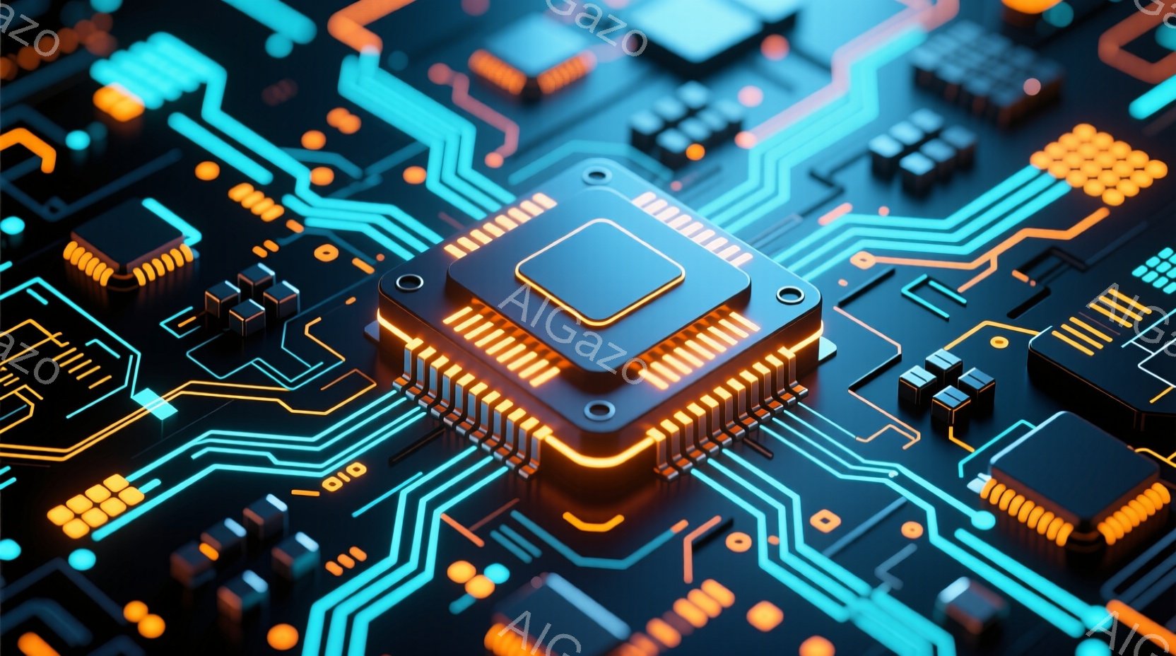 この画像は、複雑な電子回路基板をクローズアップしたものです。鮮やかなターコイズブルーとオレンジ色のラインが絡み合い、中央には発光するマイクロチップが配置されています。全体的に未来的な印象を与え、ハイテクな雰囲気を醸し出しています。