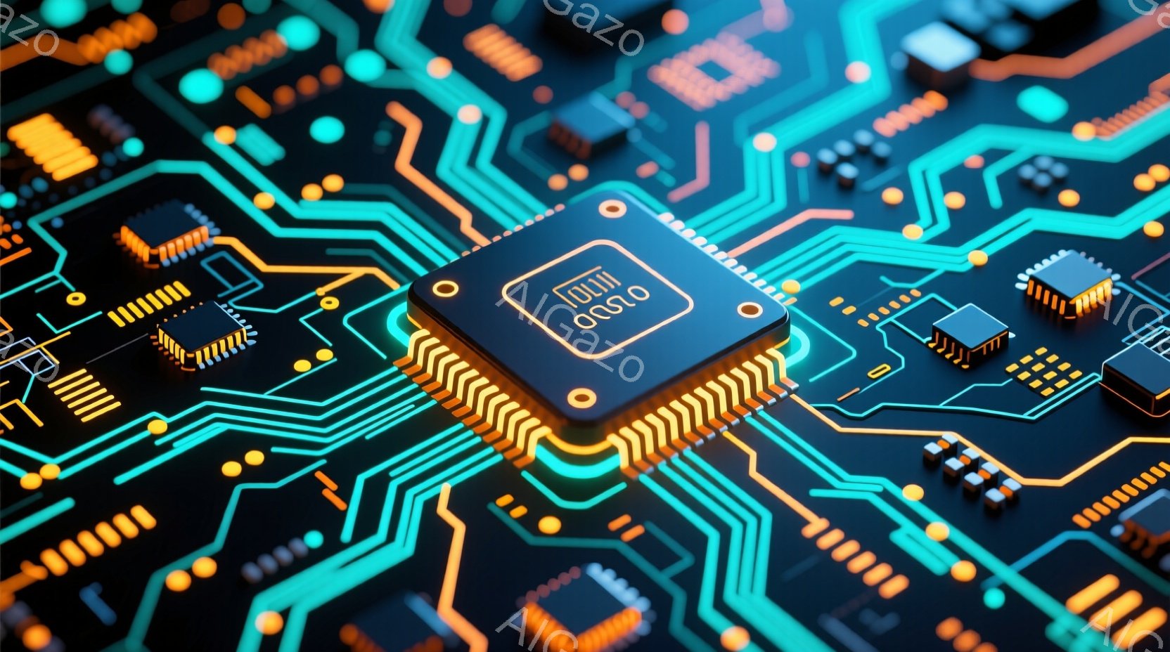 この画像は、回路基板を背景にした集積回路（ICチップ）のクローズアップです。ネオンブルーとオレンジ色の光が回路を強調し、未来的な雰囲気を醸し出しています。ICチップは金属製の脚を持ち、基板上にしっかり - AI生成フリー素材