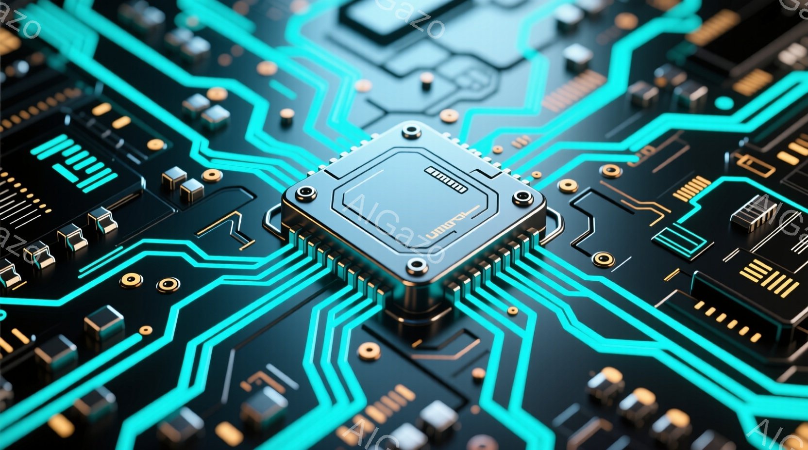 この画像は、複雑な電子回路基板をクローズアップしたものです。鮮やかなターコイズブルーのラインが基板上を走り、中央には銀色のCPUが配置されています。全体的に未来的な印象で、高度なテクノロジーを連想させ - AI生成フリー素材