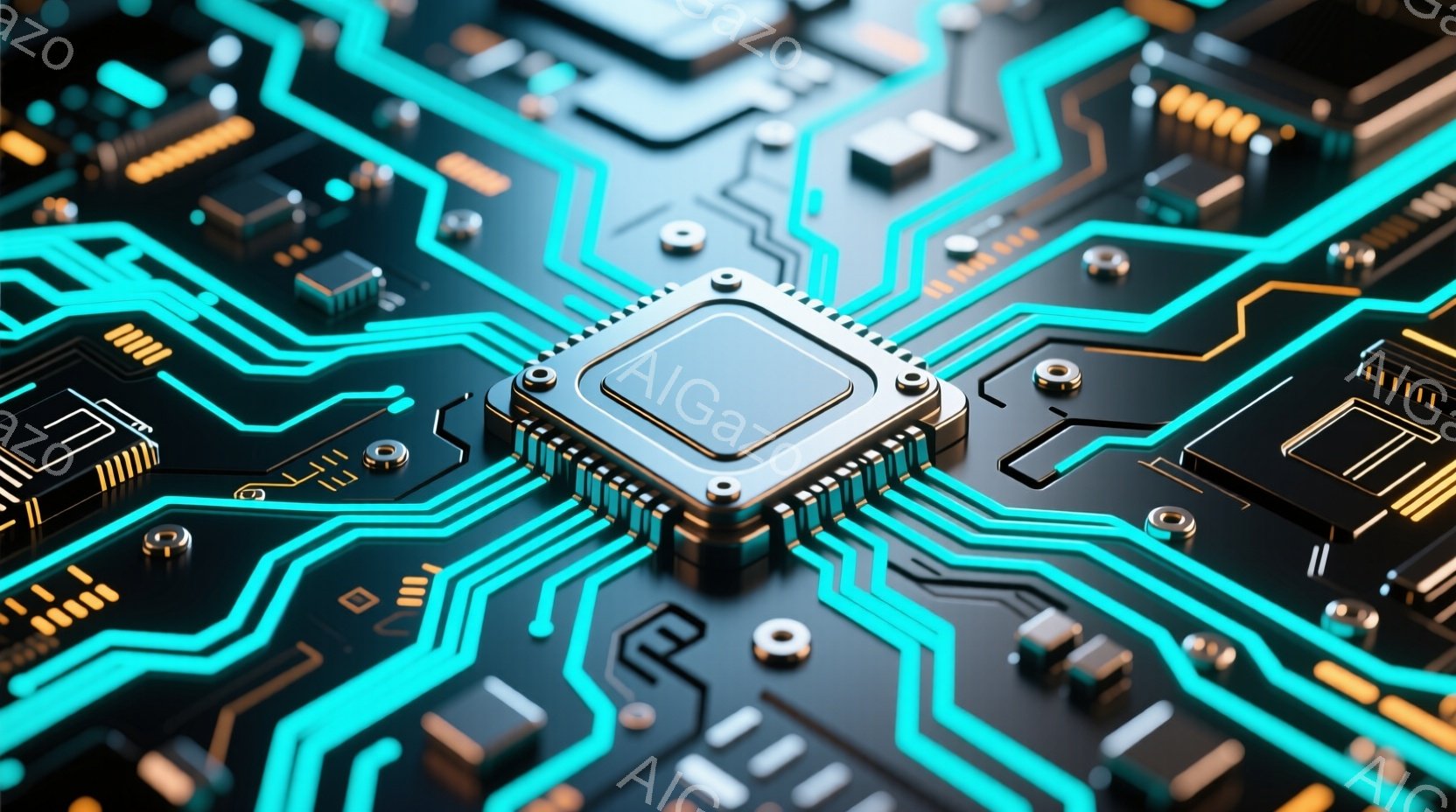 この画像は、複雑な電子回路基板をクローズアップで捉えたもので、鮮やかなターコイズブルーとゴールドのラインが特徴的です。基板中央には、銀色の高性能プロセッサが搭載されており、その周囲には様々な電子部品が - AI生成フリー素材