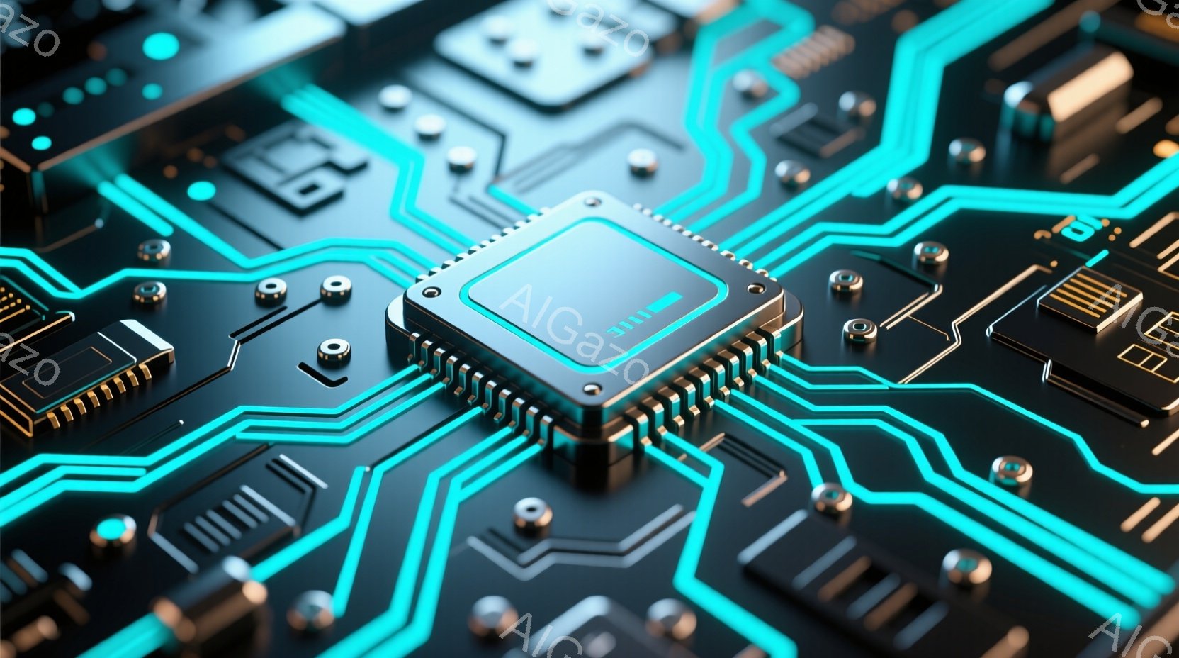 この画像は、複雑な電子回路基板をクローズアップで捉えたものです。鮮やかなターコイズブルーのラインが回路を縁取り、黒色の基板と金色のコンポーネントが組み合わさって未来的な印象を与えます。中央には銀色のC - AI生成フリー素材