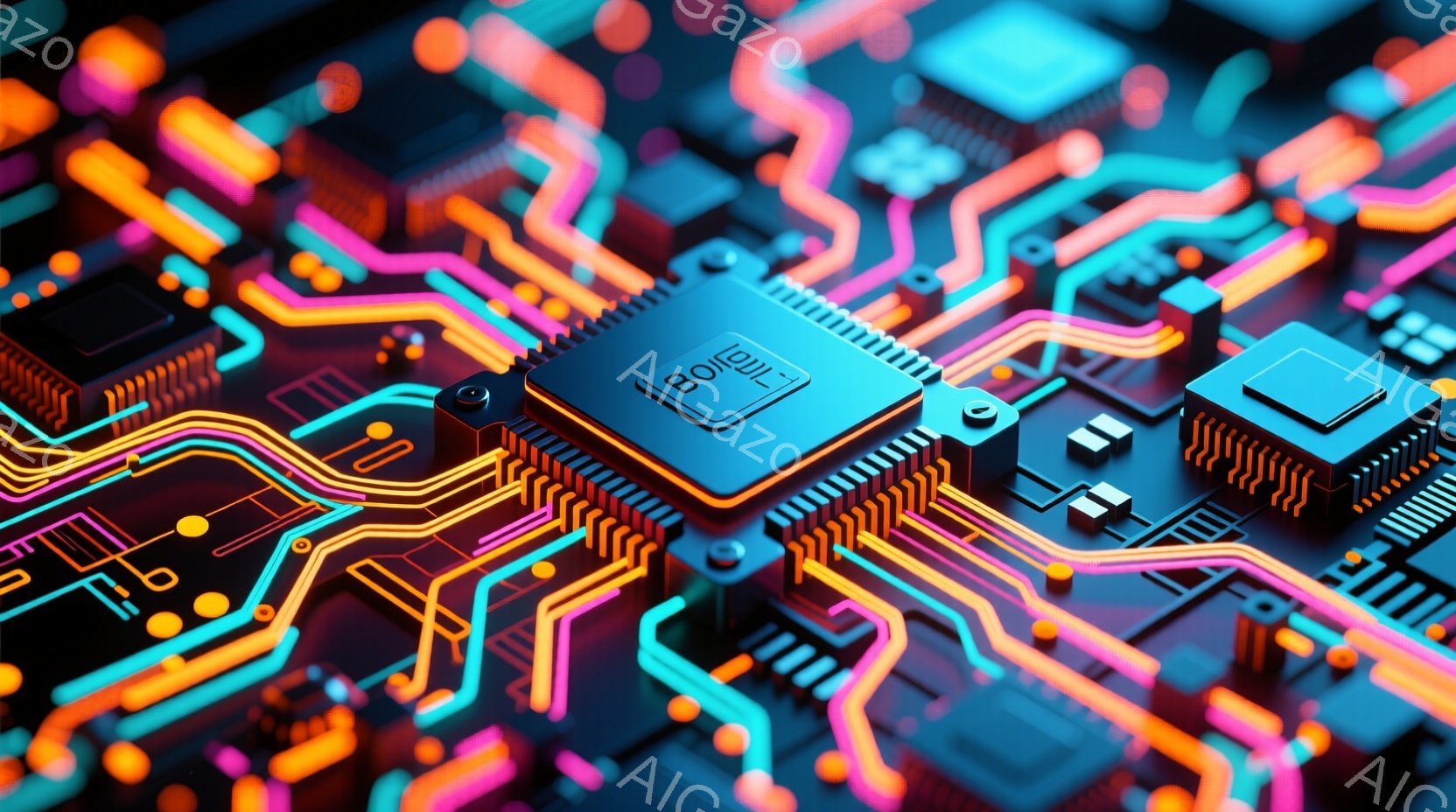 この画像は、鮮やかなネオンカラーの回路基板をクローズアップしたものです。青、ピンク、オレンジのラインが複雑に絡み合い、複数の電子部品が配置されています。全体的に未来的なテクノロジーの雰囲気で、光沢があ - AI生成フリー素材