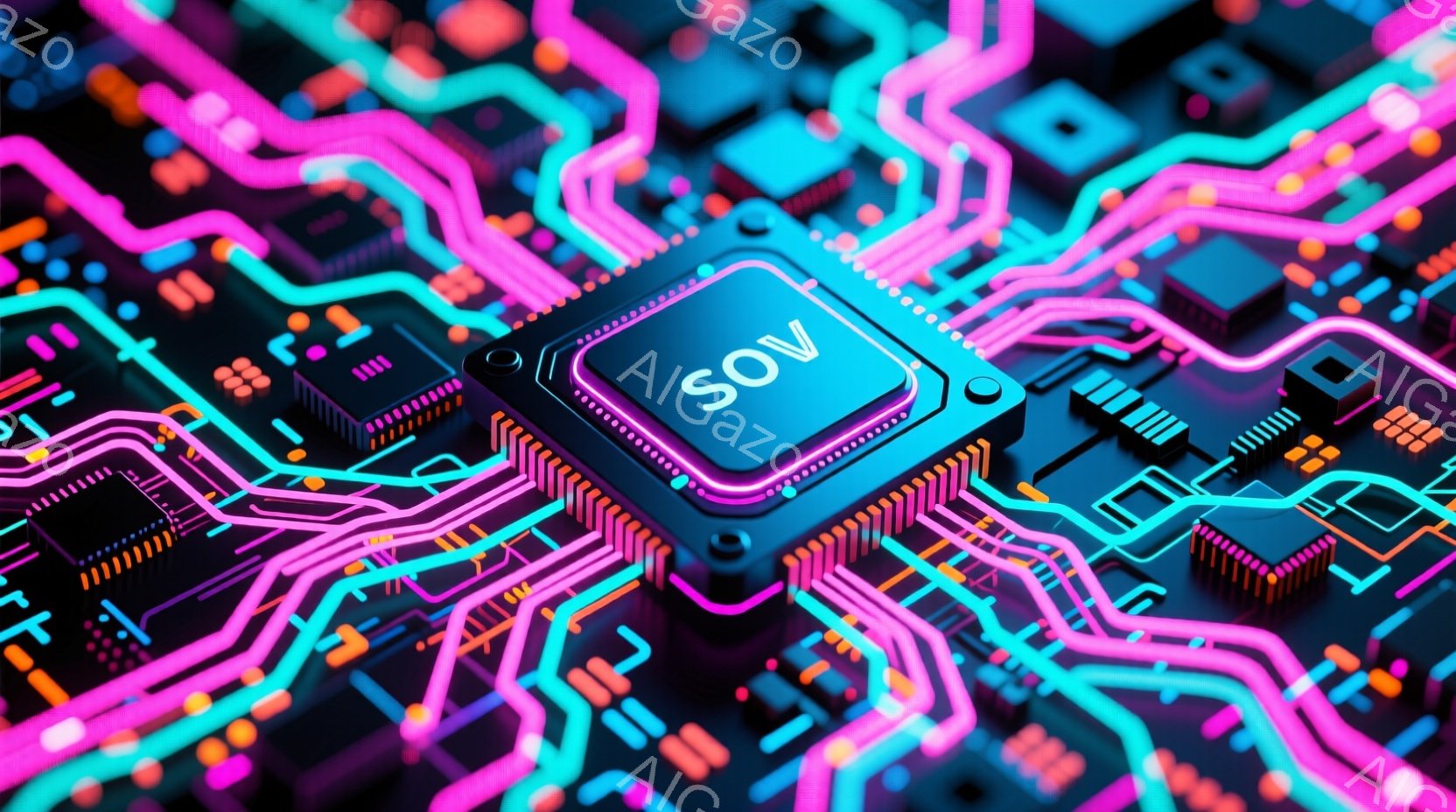 この画像は、鮮やかなネオンカラーの回路基板をクローズアップしたものです。中央には「SOV」と書かれたチップが配置され、ピンク、青、オレンジ色の複雑な配線がチップの周囲に広がっています。全体的に未来的なテクノロジーを表現した、鮮やかで電気的な雰囲気です。